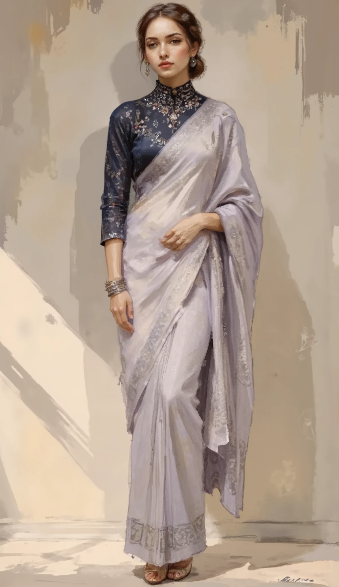 A highly detailed full-body fashion illustration of a young woman standing confidently in a neutral, professional, clean setting. She is dressed in an exquisite saree, featuring a soft pastel lavender base with intricate silver zari work along the borders and delicate floral embroidery scattered across the drape. The saree is paired with a sleek navy blue blouse adorned with elegant embroidery and three-quarter sleeves. She accessorizes with statement silver jhumkas, a delicate bracelet, and heels, while her neatly draped pallu adds to the refined look. The clean, minimalistic background in soft beige tones ensures the saree remains the focal point, with soft, even lighting highlighting the luxurious fabric, intricate details, and the overall elegance of the ensemble in a polished, professional manner.