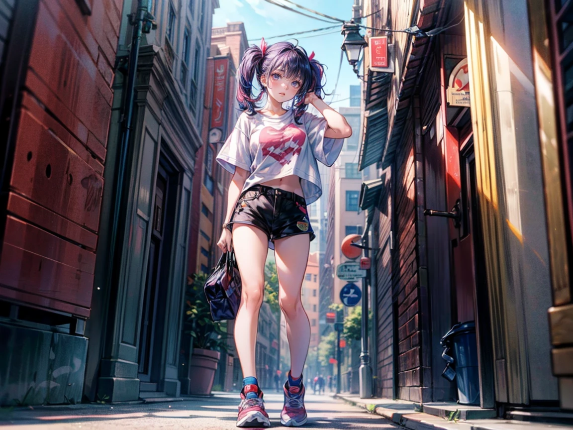 Full body view, woman standing confidently, 8K resolution, high detail, around 20 years old, (one female:1.5), vibrant-colored hair, twin tails, straight eyebrows, sanpaku eyes, upturned eyes, vivid pink irises, simple outfit, unique t-shirt, black shorts, sneakers, big city:1.0, buildings, bright blue sky, vivid color, ((UHD, masterpiece, super detail, best quality, highres, 8k)), (detailed line art), {perfect face, perfect body, perfect hands, perfect feet}