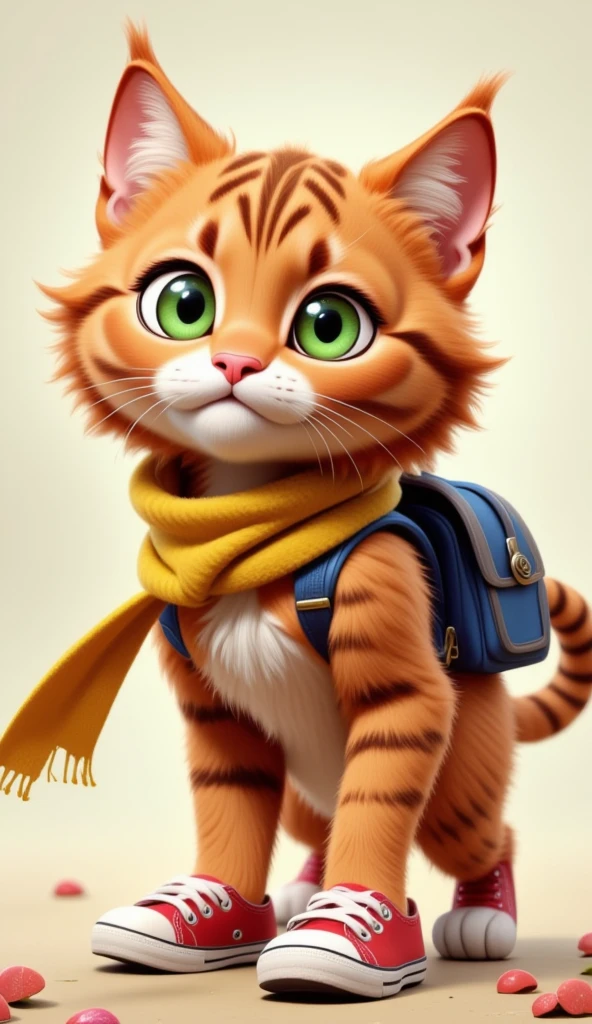 Whiskers: A fluffy orange tabby kitten with bright green eyes, a pink nose, and a mischievous smile, dressed in a navy-blue backpack, red sneakers, and a yellow-striped scarf that flutters as he moves.