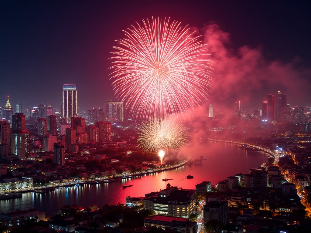 (masterpiece: 1.3), (8k, photorealistic, RAW photo, best quality: 1.4), ((a spectacular display of colorful fireworks over bangkok skyline and chao phraya river, thailand)), wat arun in bangkok, ((happy new year 2025)), camera angle from top