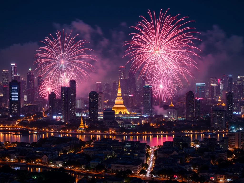 (masterpiece: 1.3), (8k, photorealistic, RAW photo, best quality: 1.4), ((a spectacular display of colorful fireworks over bangkok skyline and chao phraya river, thailand)), wat arun in bangkok, ((happy new year 2025)), camera angle from top