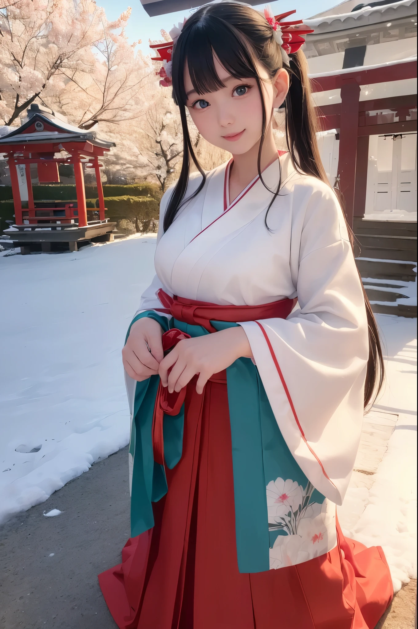 ((masterpiece)), ((highest quality、Ultra high definition)), (Very detailed),8k、Photo quality、((Amazingly cute girl))ld girl)), (Beautiful emerald blue eyes), ((smile)),A snowy night, Beautifully arranged blond hair in twin tails、whole body、(( Colorful Shrine Maiden Outfit ))、(( Japanese Kimono Shrine Maiden Costume ))、Professional Lighting、(White lace knee-highore detailed and beautiful)、(More details and cutenesore realistic)、(Random Shot)、((Japanese shrine grounds))、((Shrine's First Visit ))、((( Pretty Shrine Maiden Costume)))、