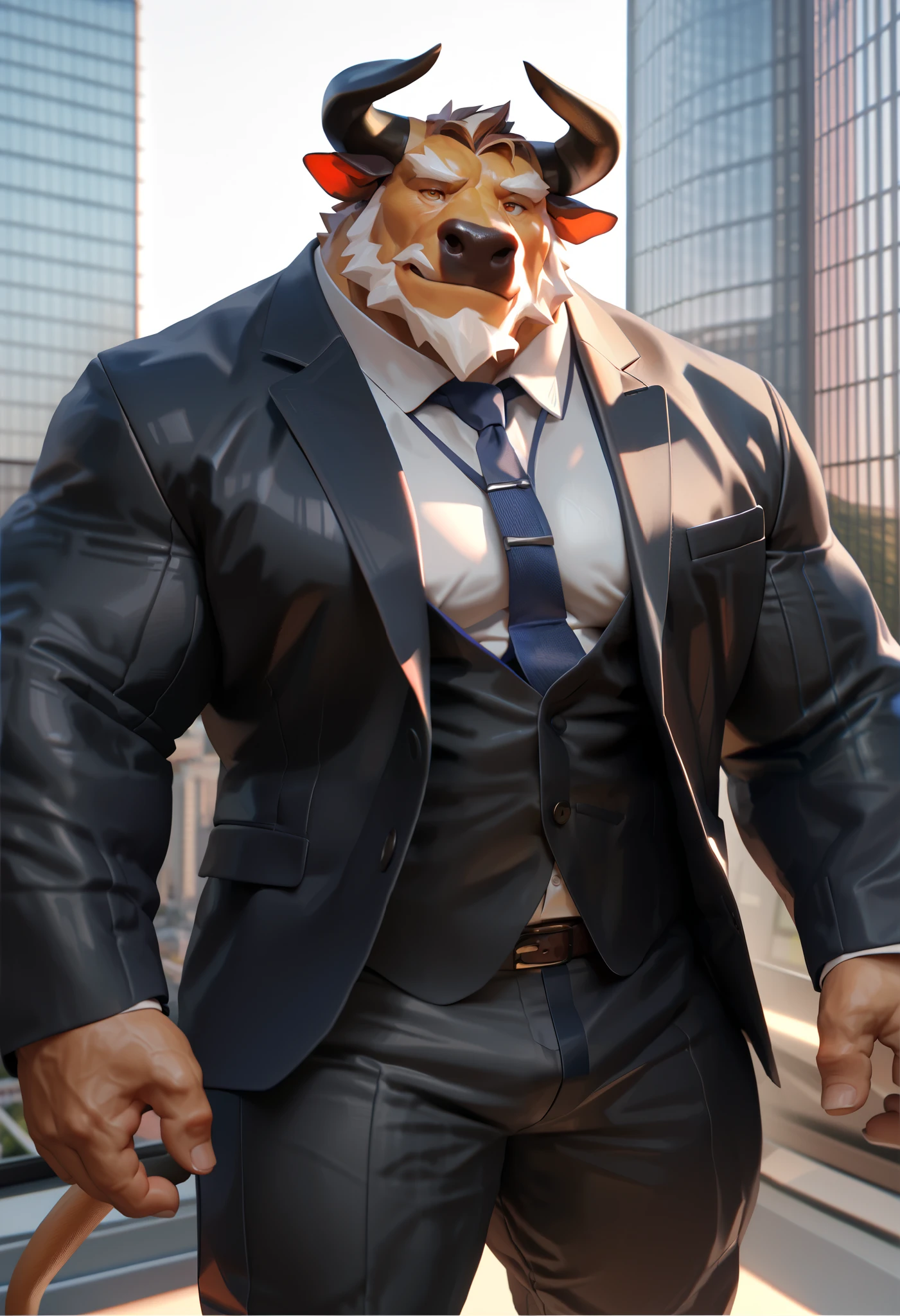 Author: bontiage, (1 boy), One, tiger, big bulge crotch, boner, pants, long sleeve plain shirt, necktie, Men's Second, kemono, hot body, muscle, Beautiful, sexual, Attractive guy, (Detailed black eyes), brows, (masterpiece, A high resolution, Best quality), 4K, a male, Beautiful shadow, evil grin, front side