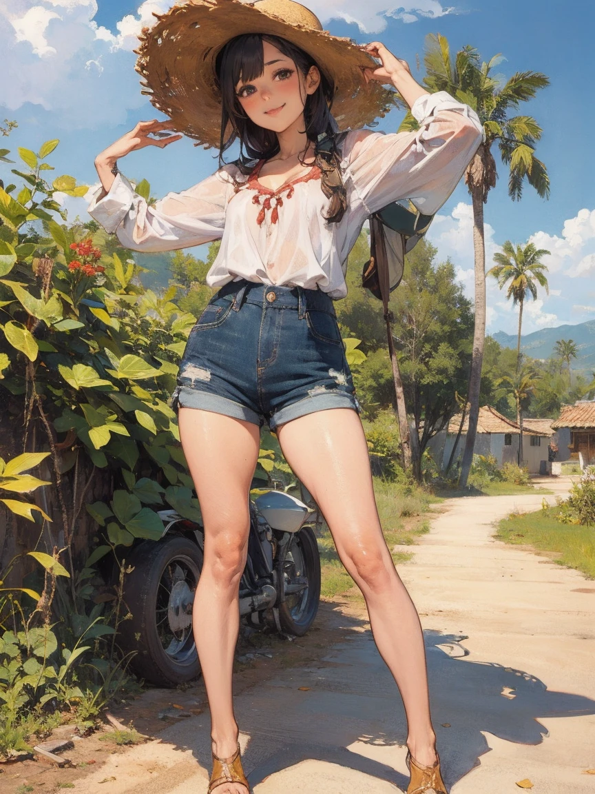 (   Highly Detailed CG Unity 8K Wallpaper ),   The World's Most Beautiful Artwork ,   1 girl,  full body, landscape, Southern Provence Countryside Scenery ,  sommer, Focus on the Sky , plastican00d,  Straw Hat , happy, smile, snake、Plants,  chibi