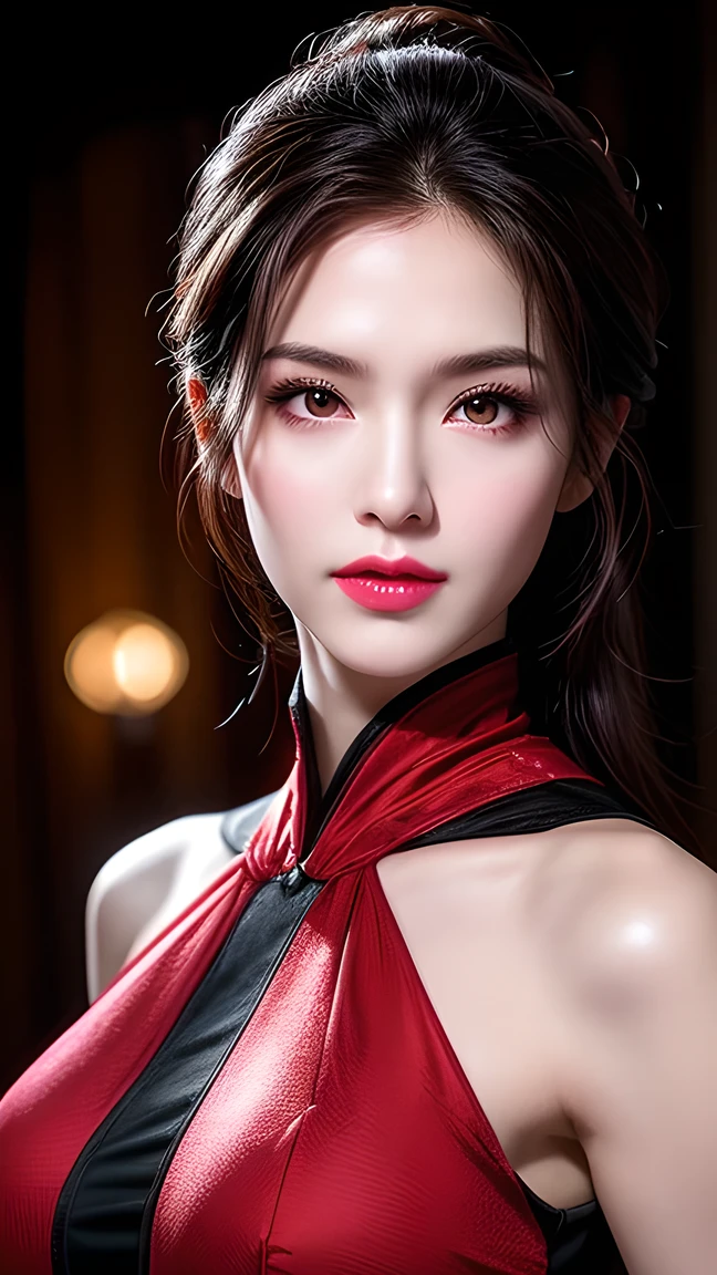 1 Beautiful witch of hell, in the dark : 1.6), by David Hockney and Alphonse Mucha, Fantasy Art, super cute doll from China, photorealism , Dynamic Lighting, ArtStation, Volumetric Lighting, very detailed facial, 8K Ultra HD, Awards, in the dark , Deep shadows, Low profile, Cowboy lens, (Red Phoenix Dress: 1.4), long hair, Black Hair, with her front hair pulled to the back , Break, Luxurious Palace, Royal style, Devil's Crown , dark eyes Very sharp and detailed makeup , The most beautiful face, Breast augmentation, Very big and round chest , Ultra-realistic , Chinese women's clothing, turtleneck, Charming smile, Extremely detailed and hot eye makeup , well done eyes , with eye bags , Gu Weiss, devil style , wearing black fishnet stockings, Ponytail with a bow , red lipstick, Wearing a thin red and black robe , Shiny and plump lips , Surreal Female Portrait with Hands Open to Reveal Sexy Breasts , dreary thunder , ( upper body portrait ), close-up of the main character, (background details 1.8),HDR, Ultra HD, 8K quality, detailed pixels, Super realistic, Depth camera , Width camera , Super Quality , Super real