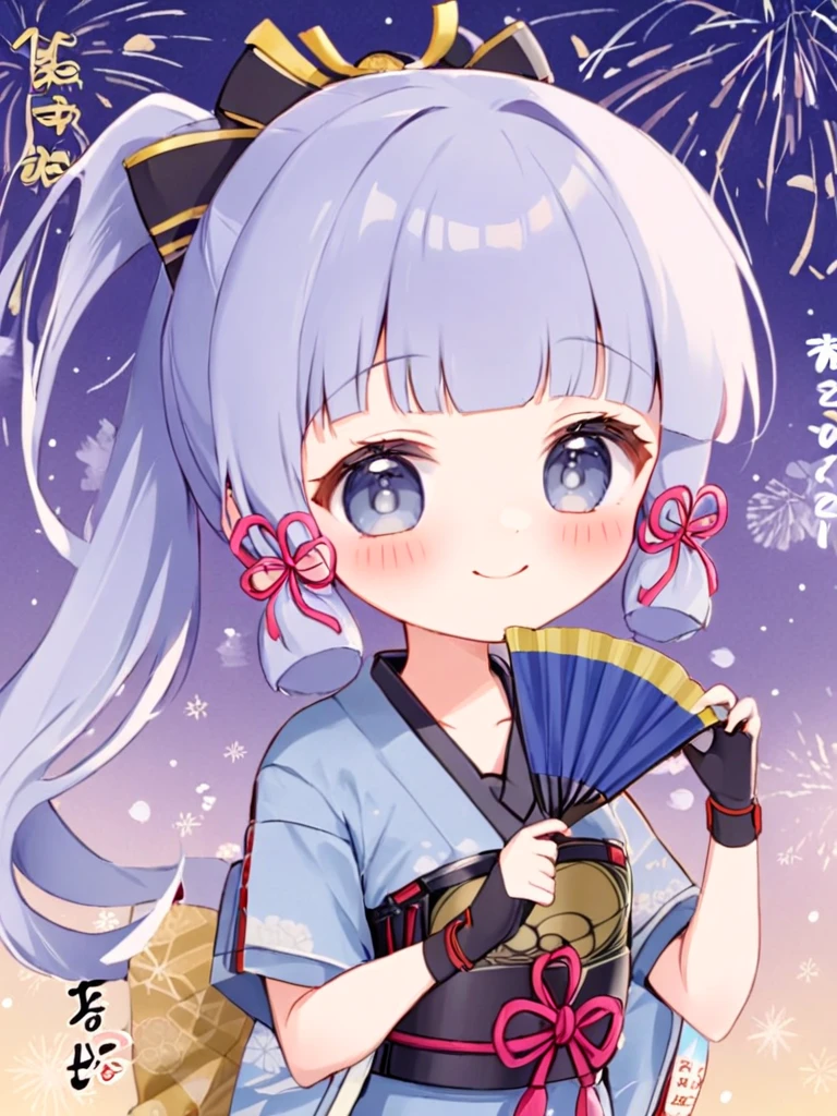 1girl, kamisato_ayaka, Alone, hand_fan,  chibi, smile, sidelocks, holding_fan, holding, tress_ribbon, looking_at_viewer, armor, cowboy shot,folding_fan, japanese_clothes,gloves, short_sleeves, grey_eyes,blush, pretty kimono, New Year,New Year, First Sunrise,