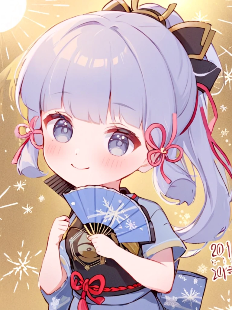 1girl, kamisato_ayaka, Alone, hand_fan,  chibi, smile, sidelocks, holding_fan, holding, tress_ribbon, looking_at_viewer, armor, cowboy shot,folding_fan, japanese_clothes,gloves, short_sleeves, grey_eyes,blush, pretty kimono, New Year,New Year, First Sunrise,