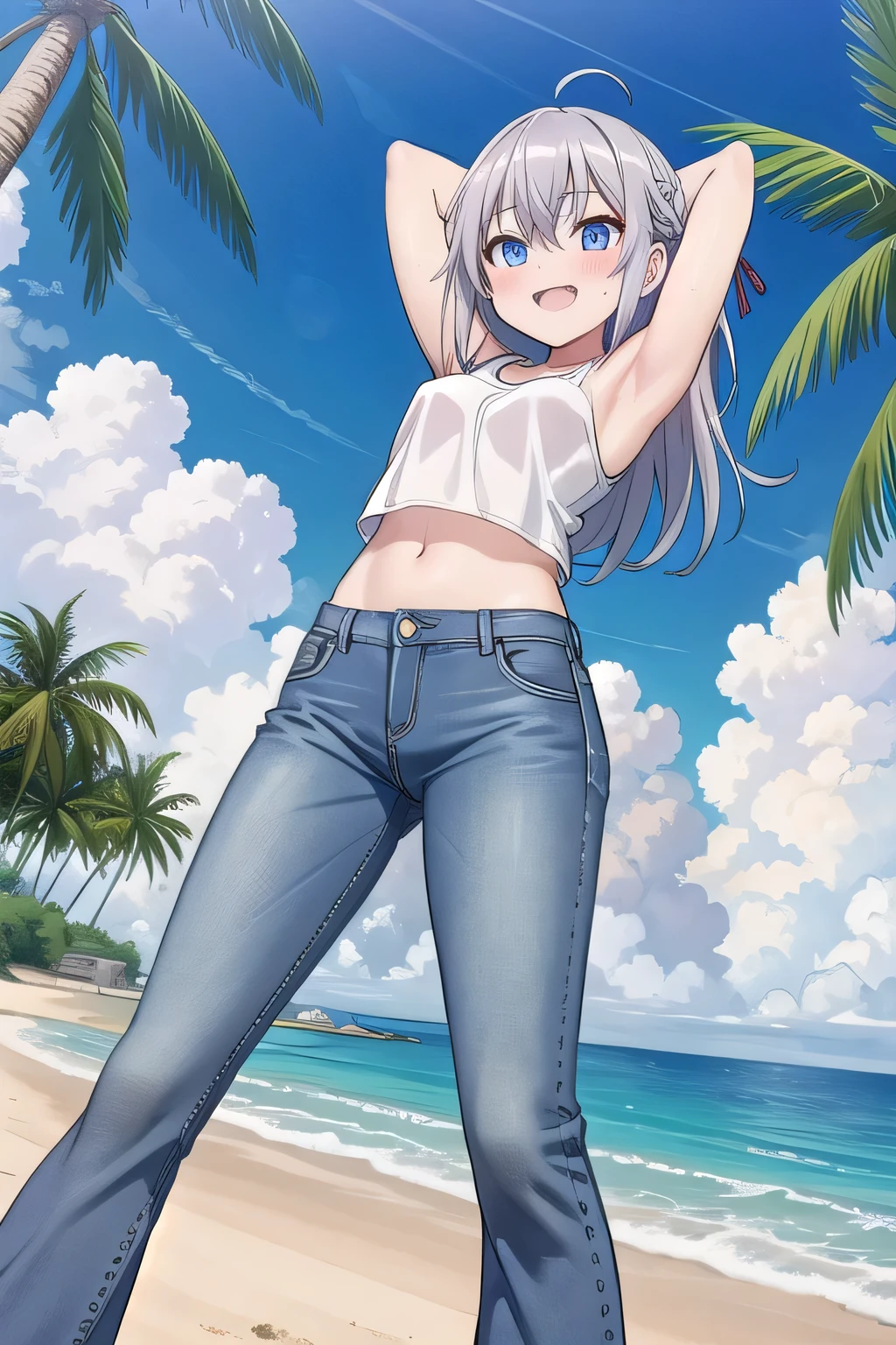 masterpiece,best quality,ultra detail,1girl, ****, ***ite, ((round face, ecstasy, orgasm face, drooping eyes, shame smiling, blush)), dropping eyes, sleepy, background((under the beach, (day:1.2), palm tree, bright sky)), Alisa Mikhailovna Kujou, ahoge, long hair, grey hair, hair intakes, hair ribbon,red ribbon, sidelocks, hair between eyes,parted bangs, blue eyes, arms behind head, contrapposto, spread armpits, looking at viewer,, white tank top, white crop top, (jeans pants:1.2, flares jeans:1.2, skinny jeans:1.2, blue jeans:1.2), standing, (legs spread:1.4), sex pose, Sweaty crotch, Steam from the crotch, from below, full medium body