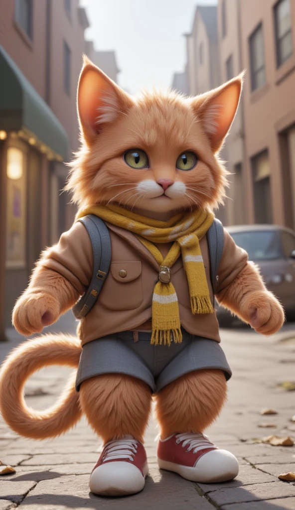 Whiskers: A fluffy orange tabby kitten with bright green eyes, a pink nose, and a mischievous smile, dressed in a navy-blue backpack, red sneakers, and a yellow-striped scarf that flutters as he moves. 3D render