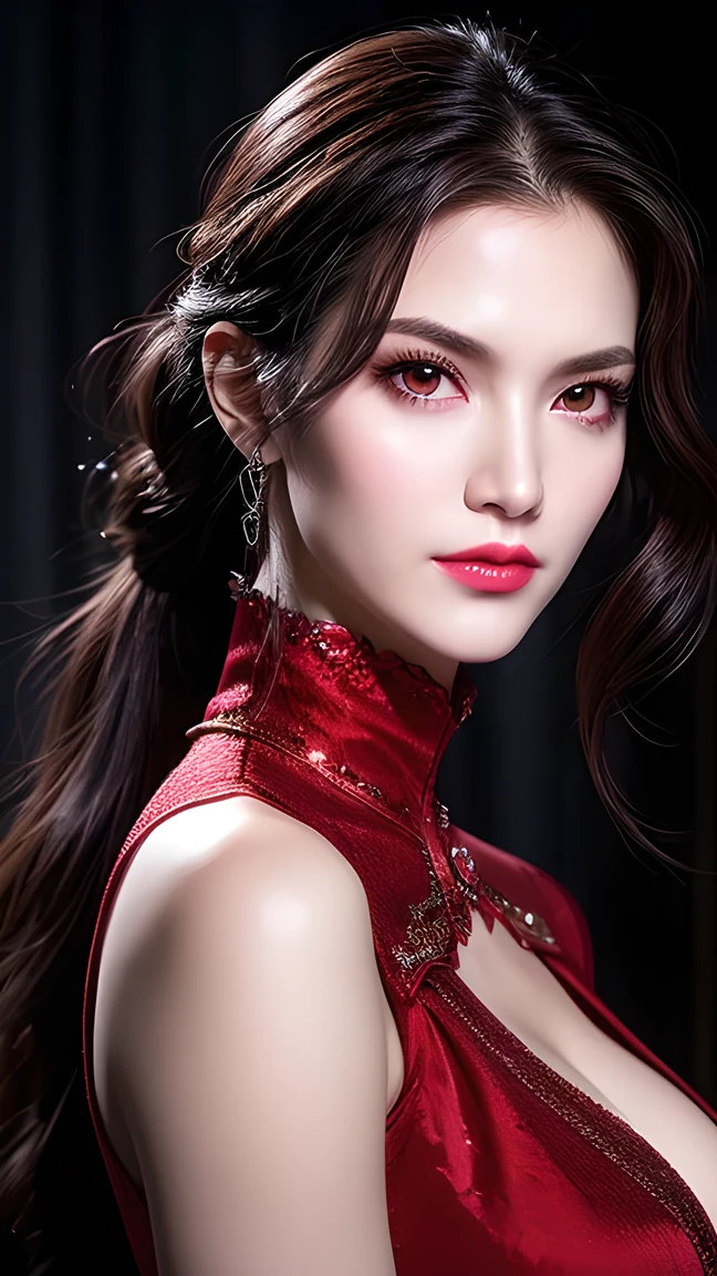1 Beautiful witch of hell, in the dark : 1.6), by David Hockney and Alphonse Mucha, Fantasy Art, super cute doll from China, photorealism , Dynamic Lighting, ArtStation, Volumetric Lighting, very detailed facial, 8K Ultra HD, Awards, in the dark , Deep shadows, Low profile, Cowboy lens, (Red Phoenix Dress: 1.10), long hair, Black Hair, with her front hair pulled to the back , Break, Luxurious Palace, Royal style, Devil's Crown , dark eyes Very sharp and detailed makeup , The most beautiful face, Breast augmentation, Very big and round chest , Ultra-realistic , Chinese women's clothing, turtleneck, Charming smile, Extremely detailed and hot eye makeup , well done eyes , with eye bags , Gu Weiss, devil style , wearing black fishnet stockings, Ponytail with a bow , red lipstick, Wearing a thin red and black robe , Shiny and plump lips , Surreal Female Portrait with Hands Open to Reveal Sexy Breasts , dreary thunder , ( upper body portrait ), close-up of the main character, (background details 1.8),HDR, Ultra HD, 8K quality, detailed pixels, Super realistic, Depth camera , Width camera , Super Quality , Super real