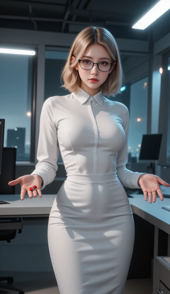 1chica, delgada, tetas de afuera, culo parado, en la oficina, vestido apretado, teniendo sexo