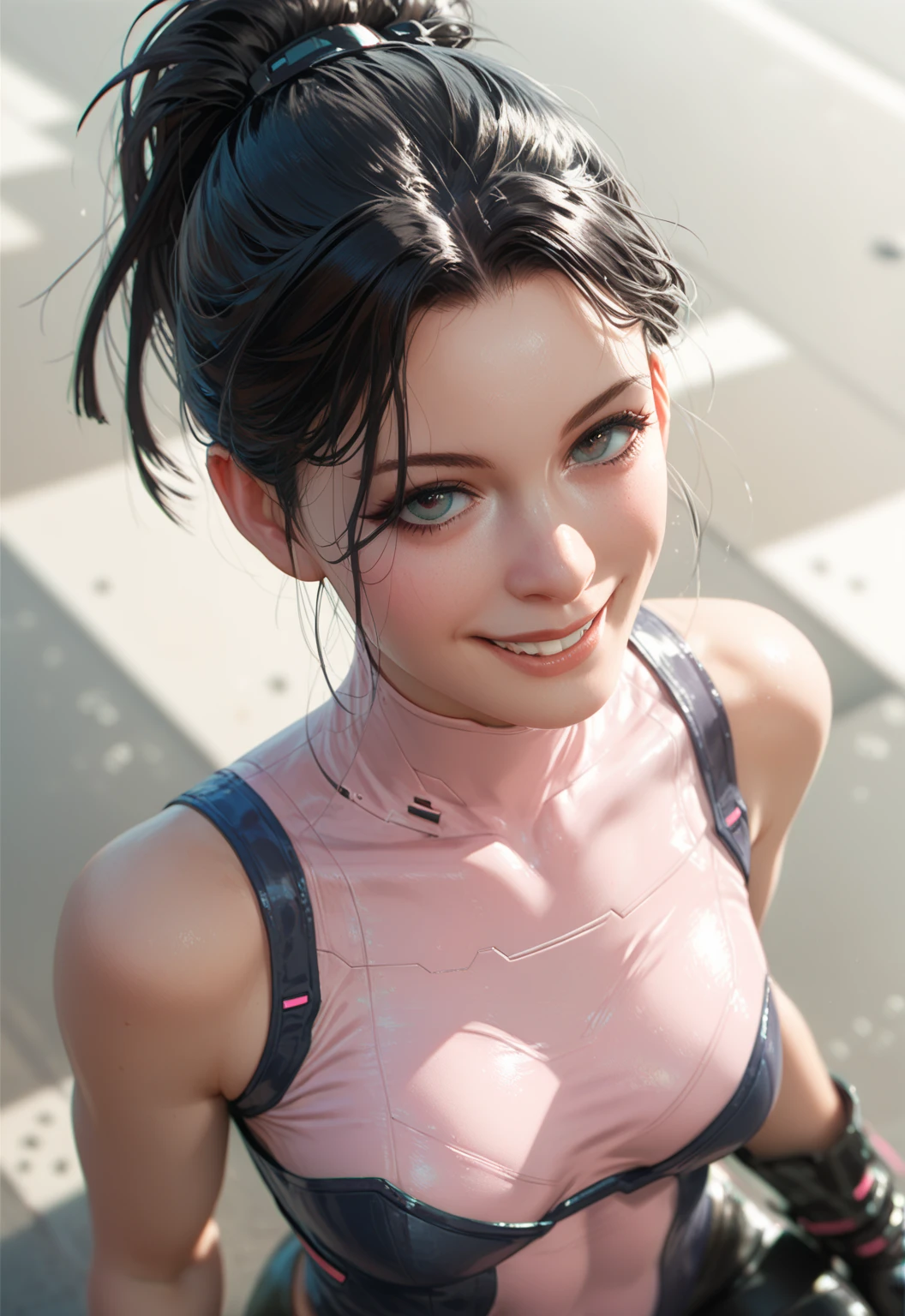  cinematic angle from above,  upper body,  1 girl, 18 years old,  Smile ,  black hair, Bob, I can see my forehead,  PINK HIGH NECK  ,  leotards, black tights,  boots, Cyberpunk Space