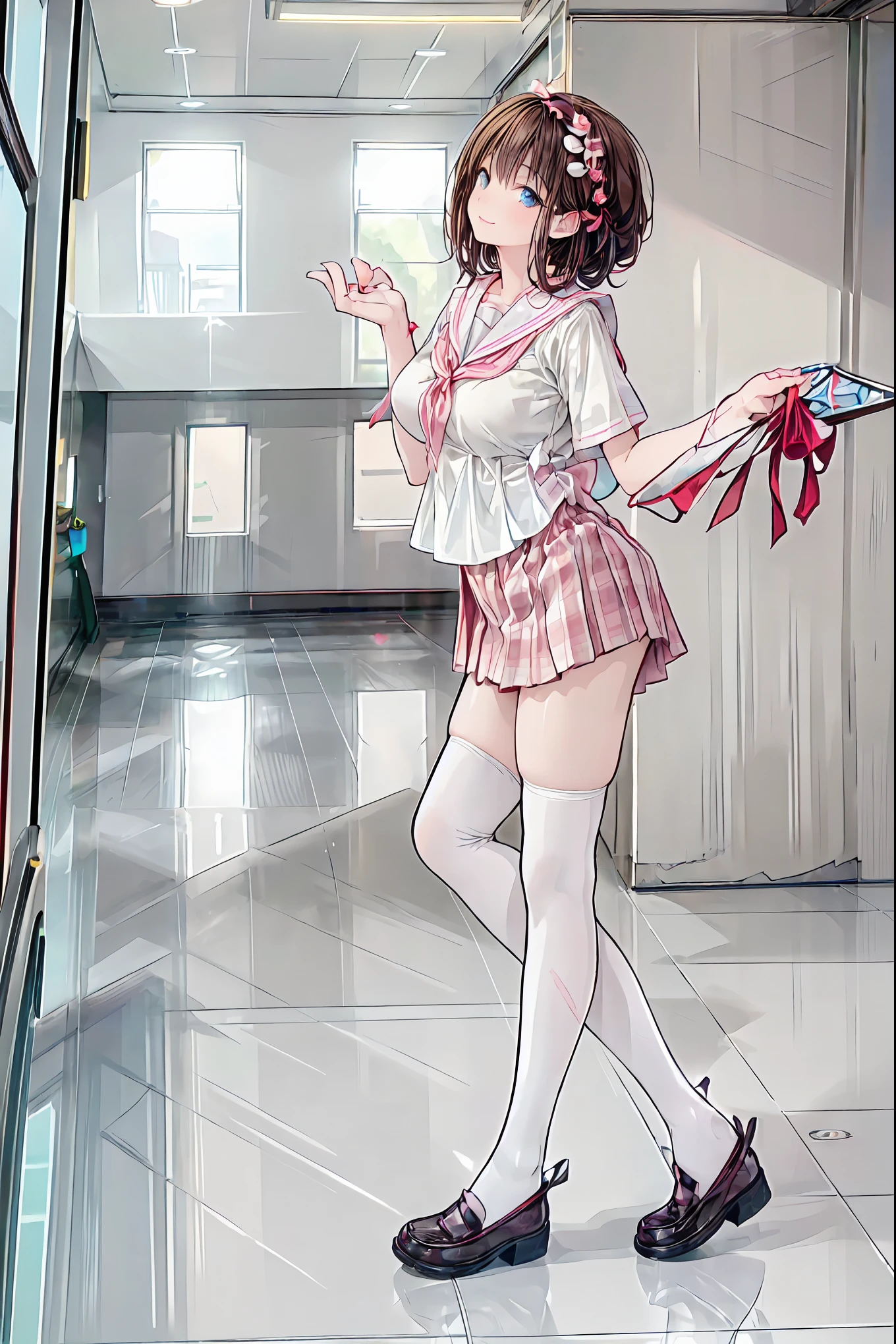(( top quality )), ( very detailed), ( High Leg Cut ), 高いly detailed, 高い-definition raw colbor photos, professional photoshoot, written border depth,, Deep rim , brown hair, shortcuts, messy hair, slender beauty 、Positive Attitude, small breasts, Beautiful Legs, Her enchanting gray-blue eyes shine like stars..,(masterpiece:2.0), ( Top Quality :2.0), (Side View:1.5), ( sexy pose:1.5), ( red face:1.3), ( realistic:1.5), 1 , Precision small handle, embarrassing expression , smile, Very nice girl, innocent face, Young Face, Clear Eyes, 輝く瞳, Small box, Beautiful skin, super resolution , Highest Resolution , Japanese High Student , blazer uniform, (( the above:1.2)), brown hair, shortcuts, tousled hair , short braided hair,Neat, beautiful slender woman ,Correct posture, small breasts, Beautiful Legs, Seductive Gray-Blue Eyes Shine Like Stars,Droopy eyes, brightly colored , beautiful eyes,繊細なsmile, Textured Skin, BEST QUALITY BEST , A Parody of a Gentle and Beautiful Woman , anime style 、