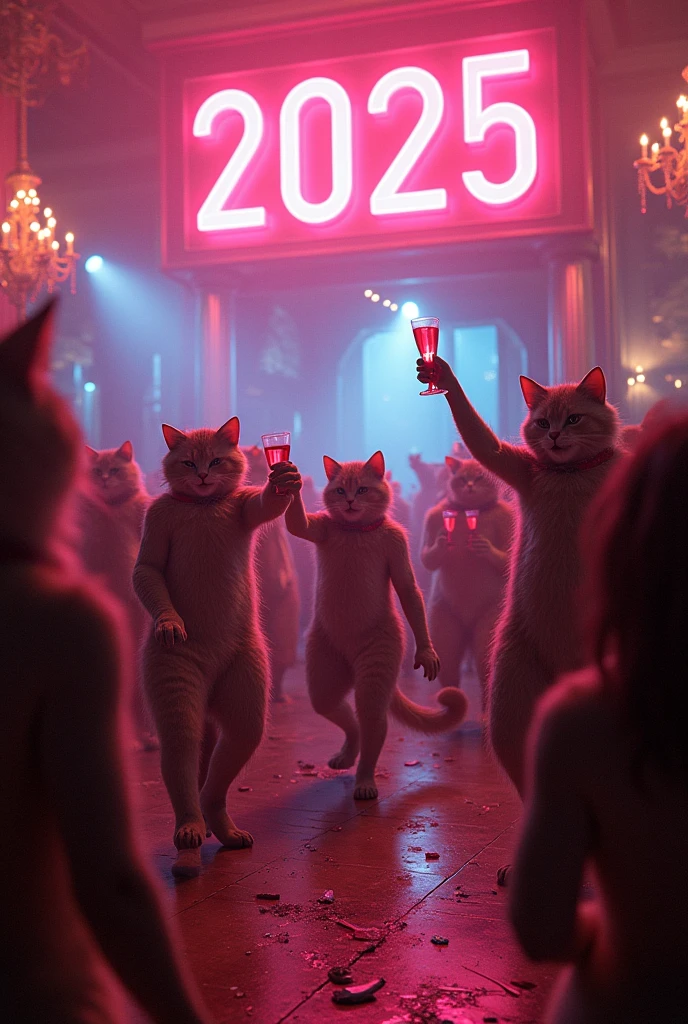 human-dog as a DJ, on a 2025 new year party. mixed human-animals rave party, dancing, drinking, messy, hot, epic, colossal, cinematic, photorealistic. there must be "2025" written in neon lamp. orange light.