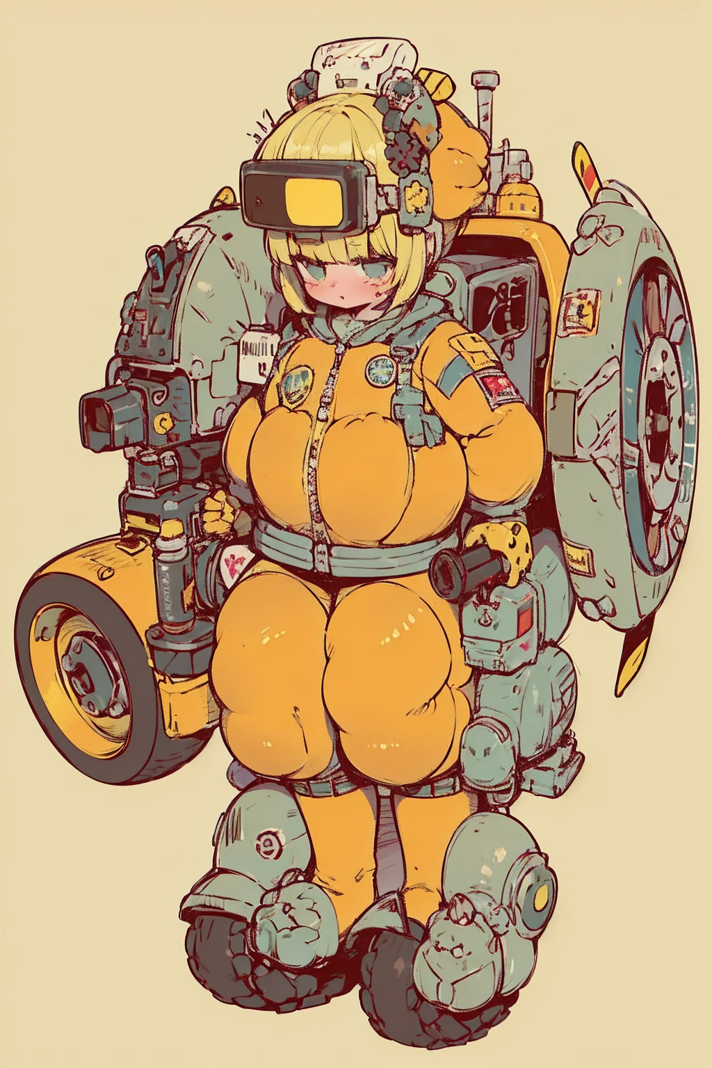     full body portrait  , (   super detailed  ,   Super high resolution ,    detailed background ),((2D)),((   flat color)),((achromatic   )),   one girl ,,    viewers,    loose red flight suit   ,    wear a large sheepskin bomber jacket, (  big yellow boots   ),  Plush color   ,     full body portrait  ,  Wear VR goggles  , ((   Baron Desert Intracat background   )), ((Doomsday City)),   Expressing the whole body , ((   drone next to her   )),  Pop Art Style ,  exoskeleton like a turtle, plastican00d