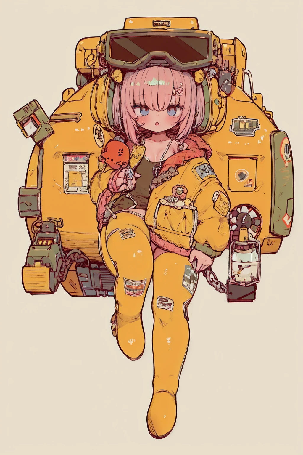     full body portrait  , (   super detailed  ,   Super high resolution ,    detailed background ),((2D)),((   flat color)),((achromatic   )),   one girl ,,    viewers,    loose red flight suit   ,    wear a large sheepskin bomber jacket, (  big yellow boots   ),  Plush color   ,     full body portrait  ,  Wear VR goggles  , ((   Baron Desert Intracat background   )), ((Doomsday City)),   Expressing the whole body , ((   drone next to her   )),  Pop Art Style ,  exoskeleton like a turtle, plastican00d