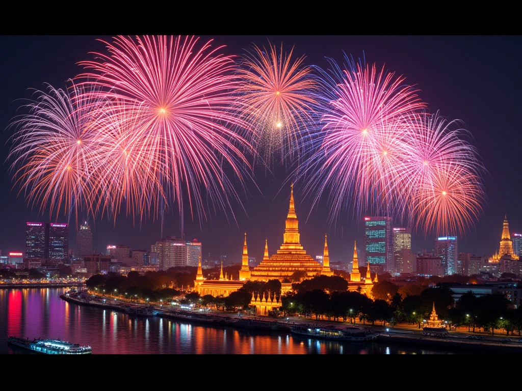 (masterpiece: 1.3), (8k, photorealistic, RAW photo, best quality: 1.4), ((colorful fireworks over bangkok skyline and wat arun, chao phraya river, thailand)), camera angle from top