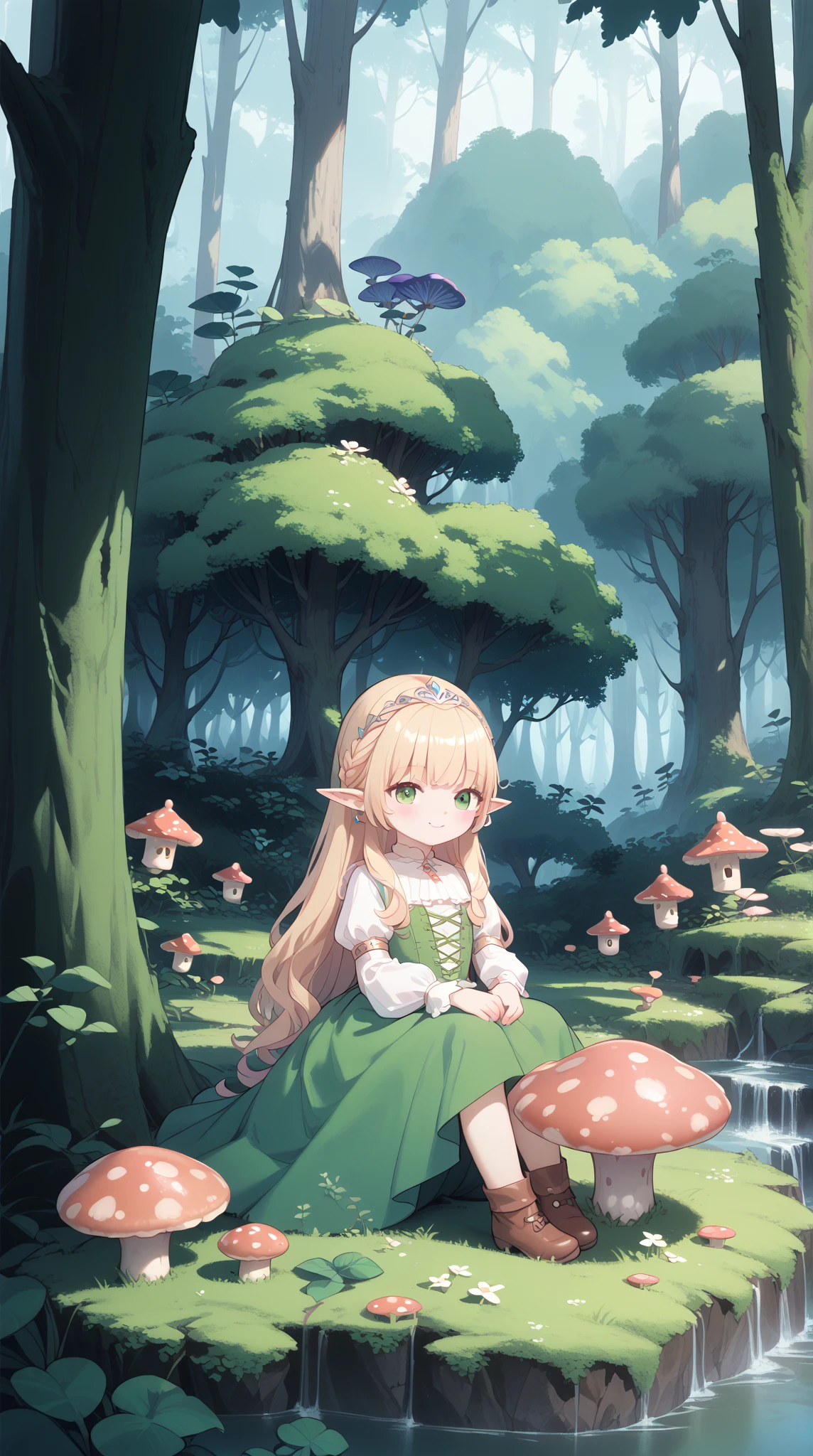 (( ***** girl )),(( a small forest elf )),((Elf costume)), sits on a huge mushroom , looks at the camera ,Fairytale environment ,Fairytale forest , in the background houses of elves,fantastic light 