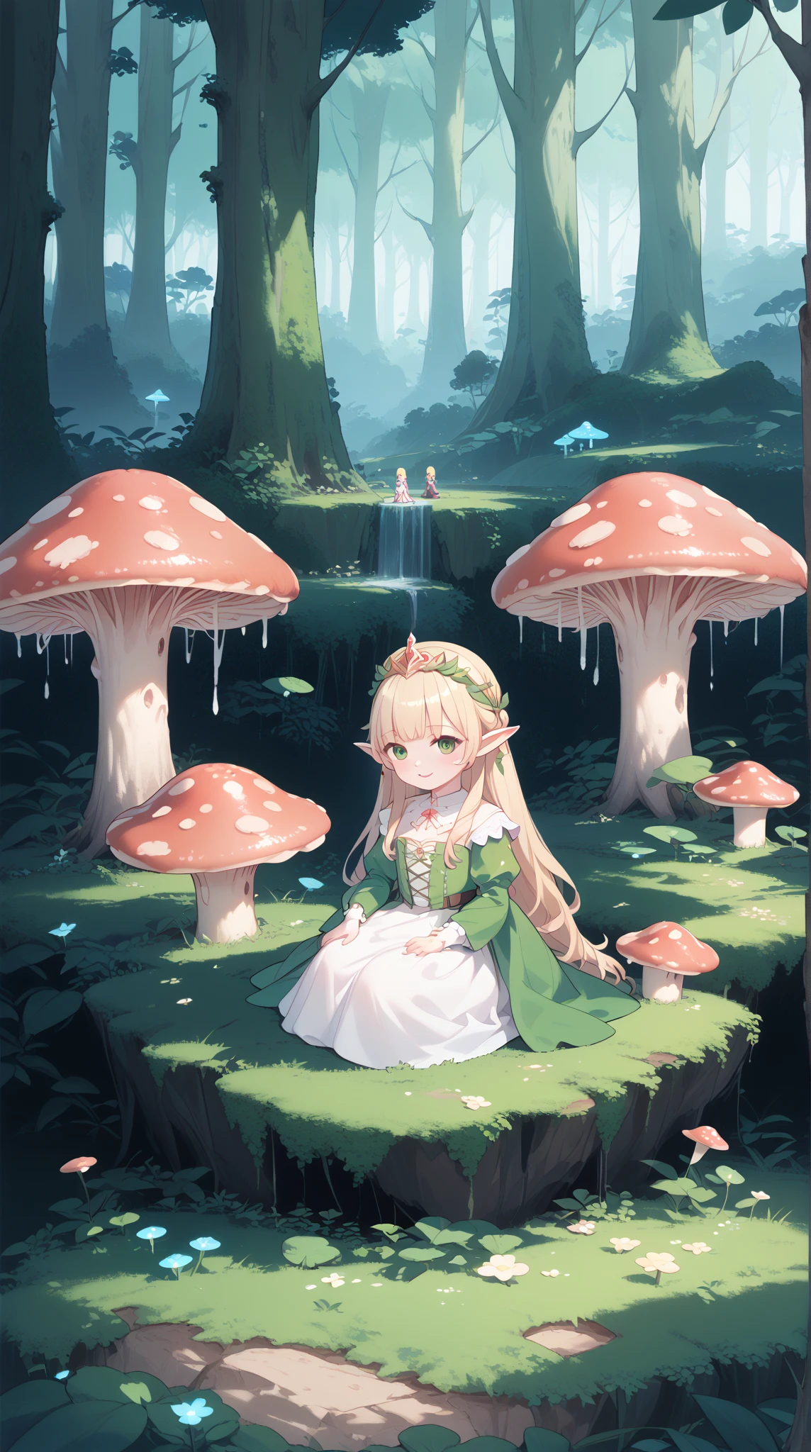 (( young girl )),(( a small forest elf )),((Elf costume)), sits on a huge mushroom , looks at the camera ,Fairytale environment ,Fairytale forest , in the background houses of elves,fantastic light 