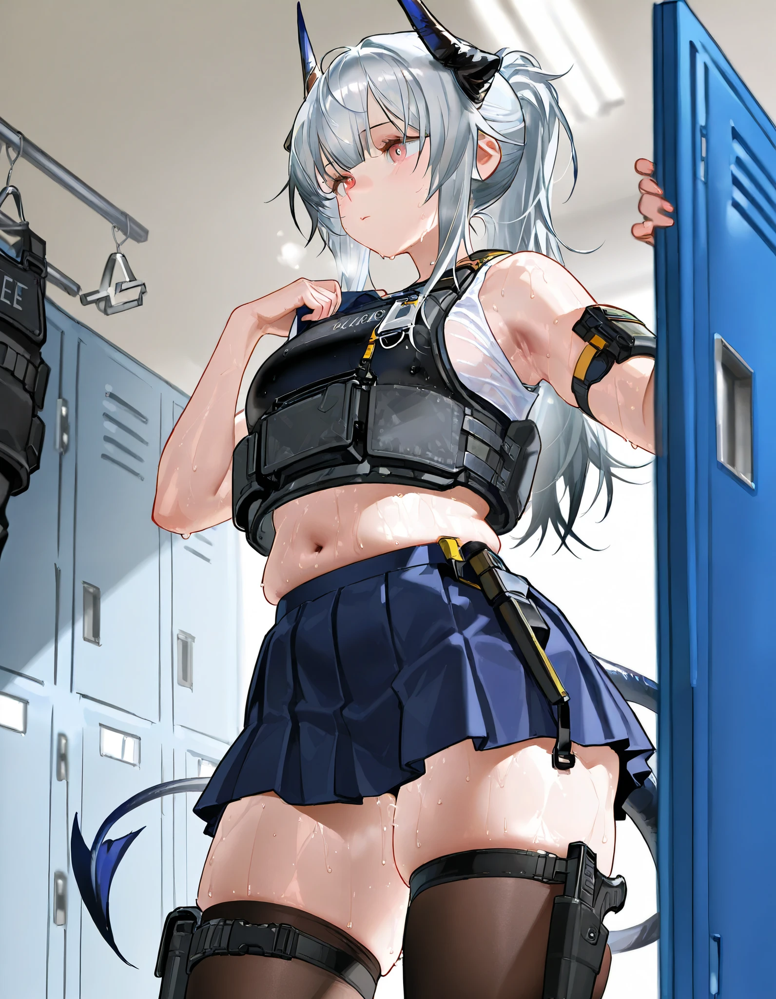 Artist : Nyalia Liskarm,、skirt,、nice realistic Breasts、body armor. liskarm、arknights、silver hair, stockings, thigh bag, holster, horns,  、young Woman、,  、 locker room, armory, 、 、 sweaty, slightly chubby, tail, undressing