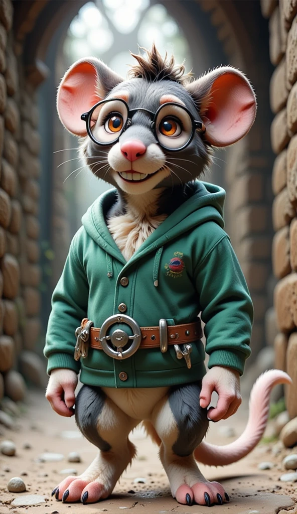 Pip: A small, wiry gray mouse with oversized round glasses, a twitching nose, and a confident grin, wearing a green hoodie with holes for his ears and a belt holding tiny tools. 3D render