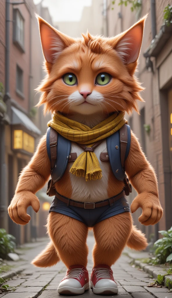 Whiskers: A fluffy orange tabby kitten with bright green eyes, a pink nose, and a mischievous smile, dressed in a navy-blue backpack, red sneakers, and a yellow-striped scarf that flutters as he moves. 3D render