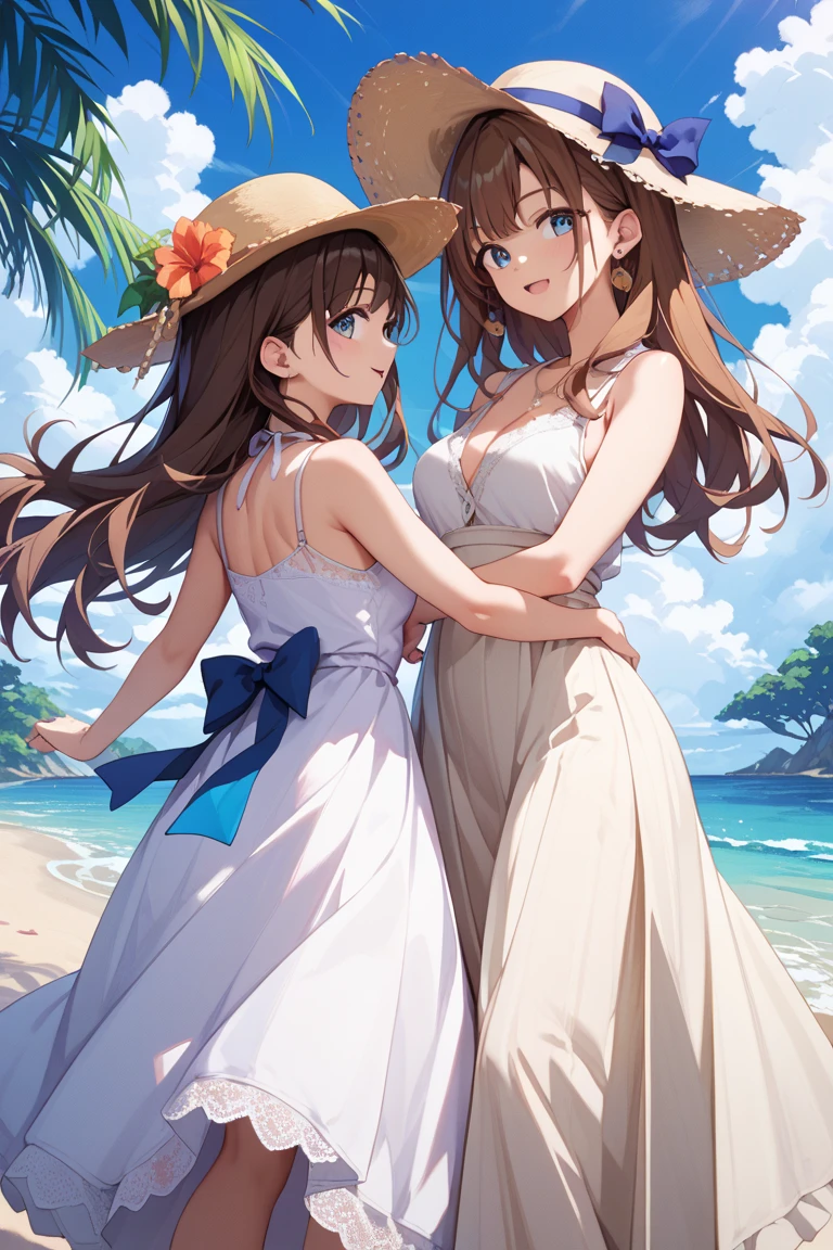  White Dress 、 sleeveless、 long skirt、 Japanese women、 STRAIGHT LONG HAIR、 brown hair、Ｄcup、Panama Hat、 sandy beach、blue sky、 White lace panties、The wind blows,up her skirt and her underwear is visible