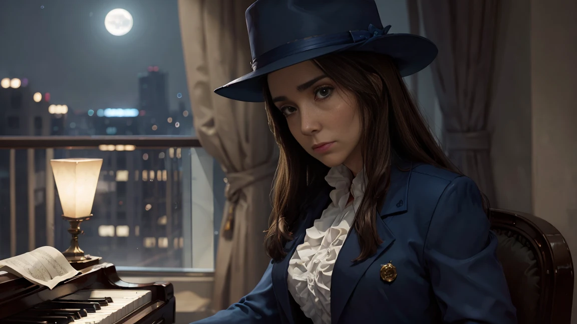 8K,  best quality, masterpiece, Victoria Villarruel playing the piano dressed as a mobster in a blue suit and hat,  detailed face , smooth face,  long dark brown hair , on a dark balcony in the moonlight .