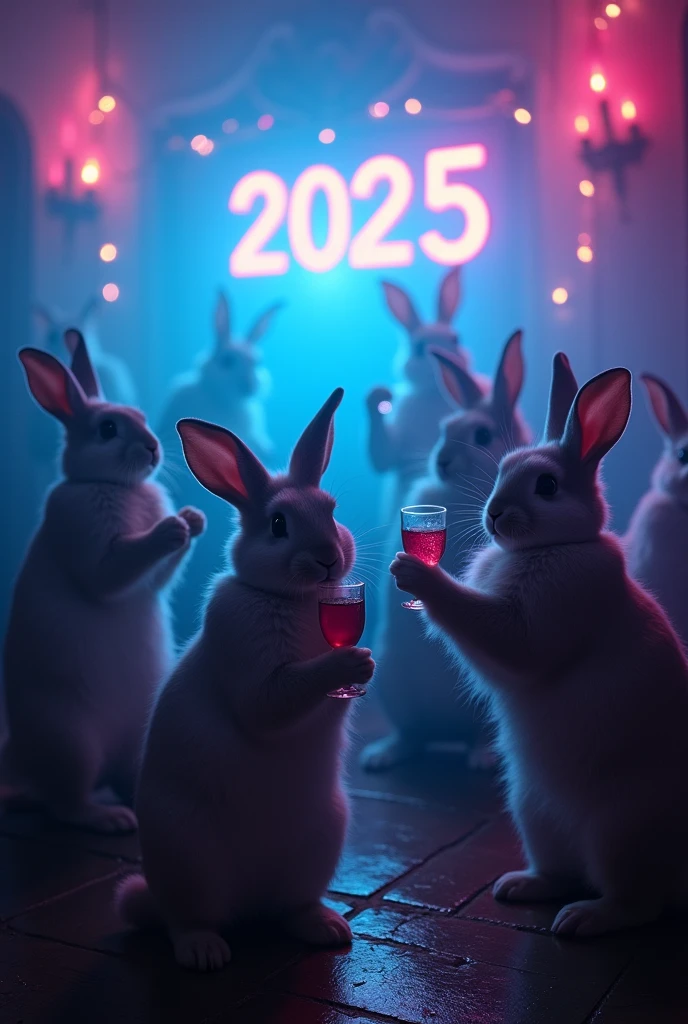 human-dog as a DJ, on a 2025 new year party. mixed human-animals rave party, dancing, drinking, messy, hot, epic, colossal, cinematic, photorealistic. there must be "2025" written in neon lamp. orange light.