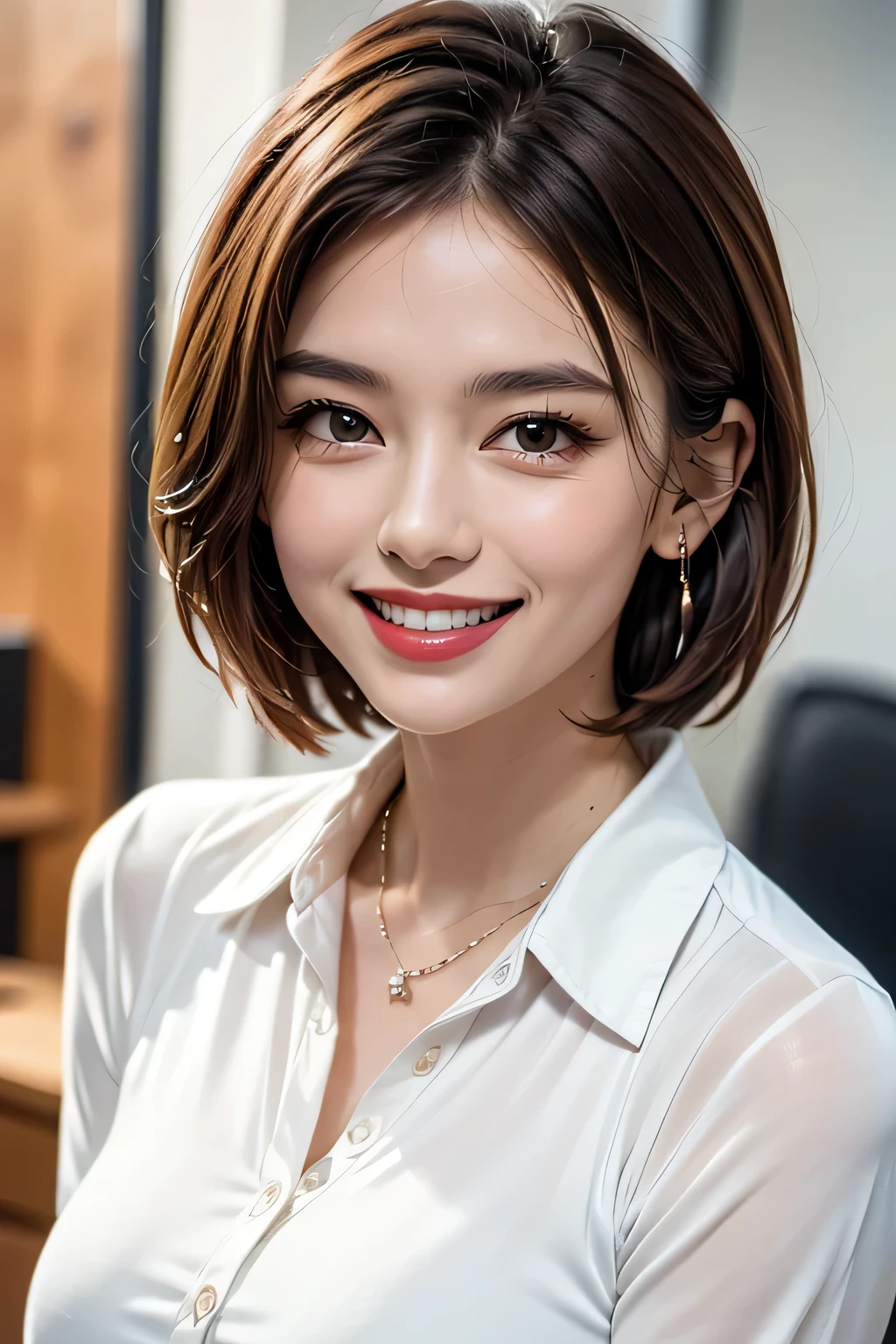 ((masterpiece, 最 High Quality , High Quality :1.4, 16k)), (1girl), office, ( Portrait :1.1),
grin, lipstick, Compensate, ultra detail hair, super detailed face, perfect eyes, perfect face, ( beautiful alignment of teeth), pixie cut, earrings for women with first name, blue shirt, business services ,
(Big Breasted :1.1), clevis on a stone
