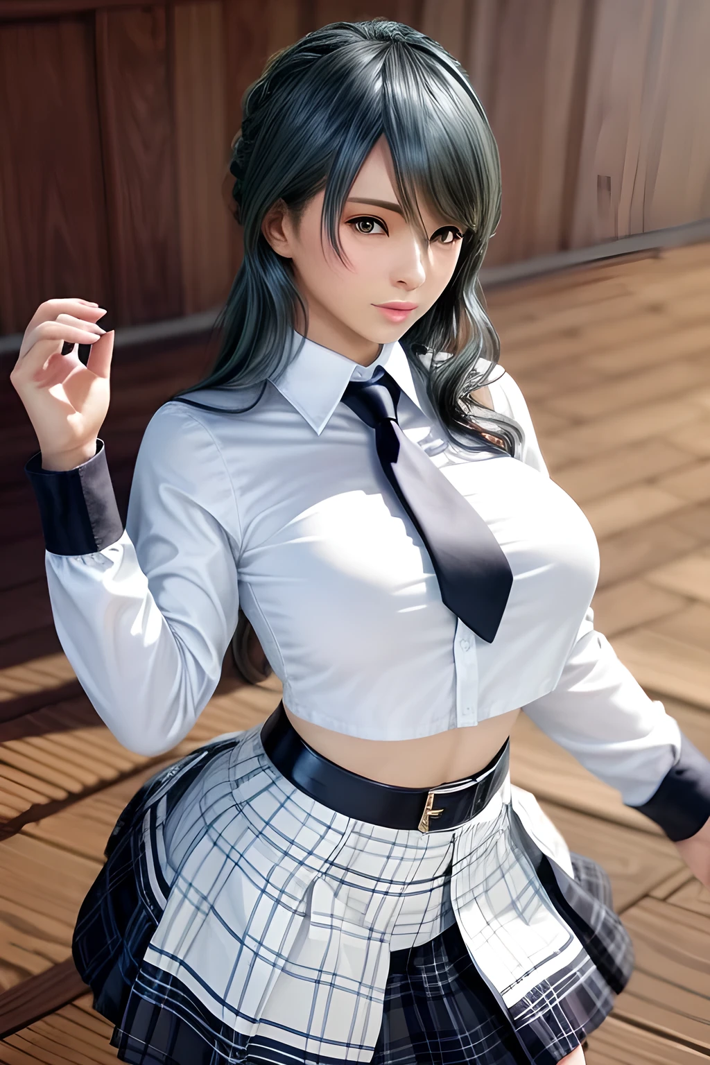 sakuyarindou768 (Wearing business outfit,formal jacket,neck tie, tie,white shirt, skirt, heels,High waist Skirt)( big perfect round breasts,hourglass body, thin waist,btpt-fc,Photo realistic, (hyperrealistic:1)beautiful, masterpiece, best quality, extremely detailed face, perfect lighting,detailed eye makeup, detail face, nice detailed eyes,nice hands, perfect hands (realistic pupils,realistic iris:1) heavy eye makeup,gray hair,long hair,bue eyes,  (working at a restaurant, background restaurant)