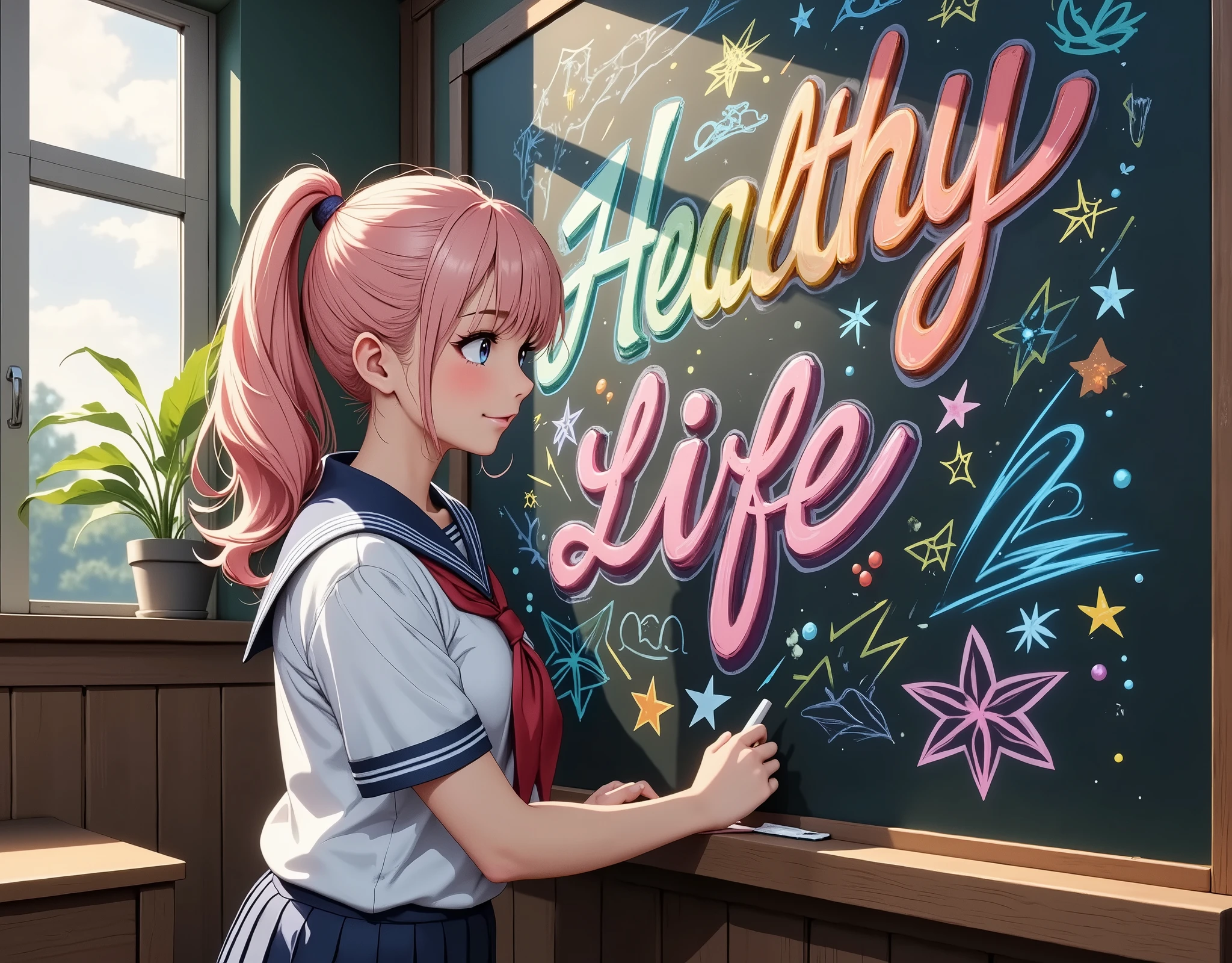  schoolgirl in sailor suit drawing chalk art on classroom blackboard, (((chalk text :"healthy life."))), chalk text ,  colorful chalk letters drawn on blackboard,  brightly colored ,  Cinematic Composition ,  anime style :1.2, Detailed CG illustration, 8k, masterpiece．