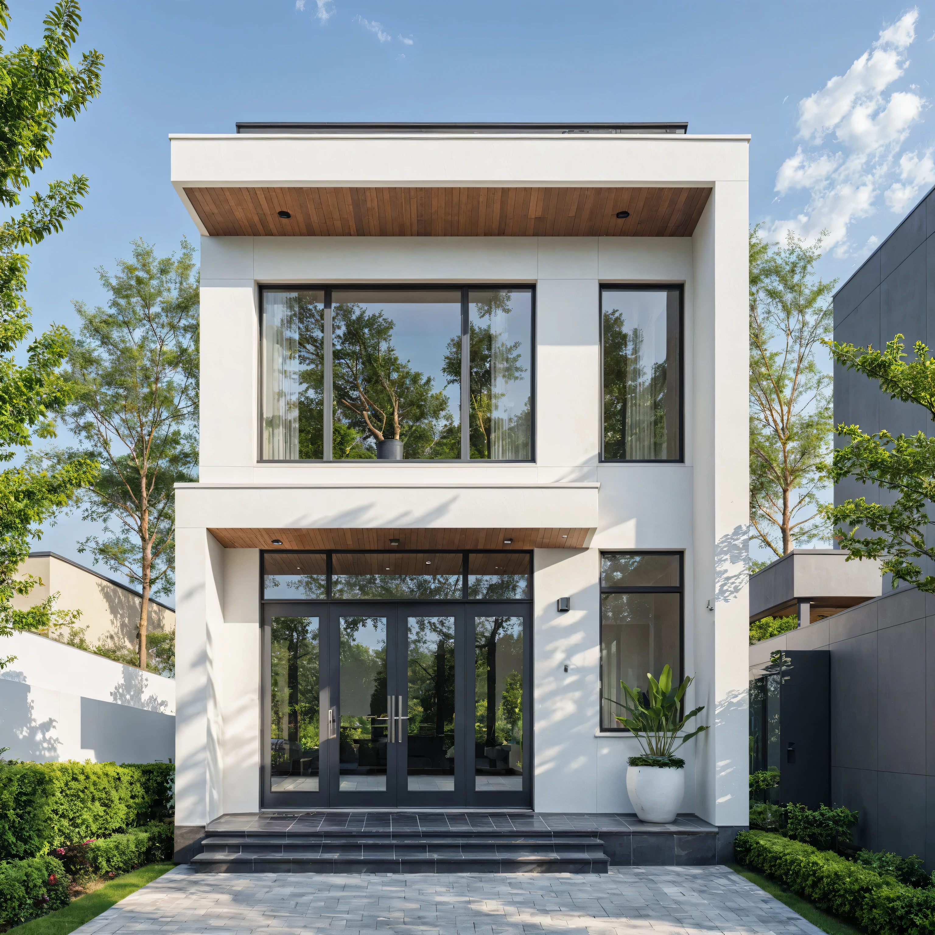 (masterpiece:1.2), best quality, photo of A two-story modern house with white walls and dark gray tiles on the roof., tree and plant, streetcapes, natural light, The exterior of an elegant single family home features large windows, ((a dark gray door frame)), ((dynamic light))