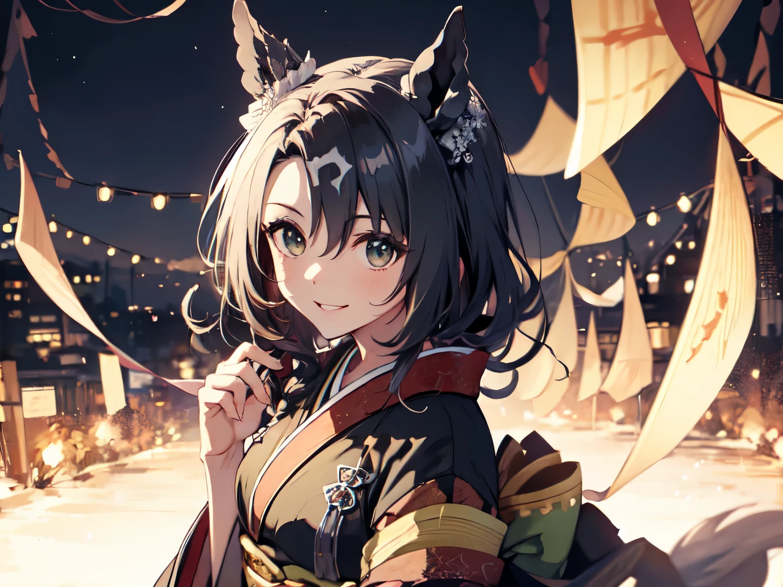 upper body、alone、A woman with horse ears、 kimono、smile、noblewoman pose、Turning around beauty、Midnight Hatsumode