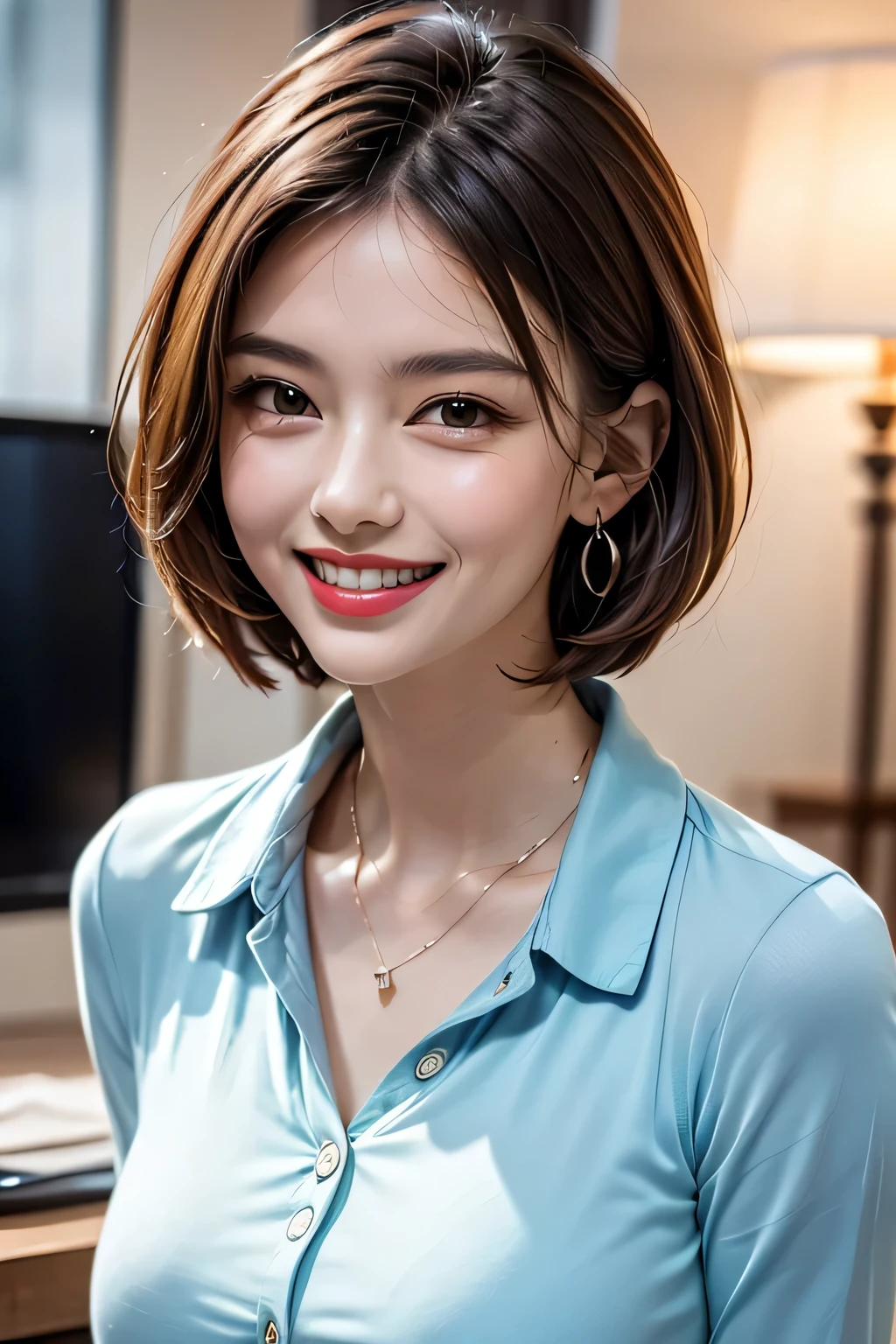 ((masterpiece, 最 High Quality , High Quality :1.4, 16k)), (1girl), office, ( Portrait :1.1),
grin, lipstick, Compensate, ultra detail hair, super detailed face, perfect eyes, perfect face, ( beautiful alignment of teeth), pixie cut, earrings for women with first name, blue shirt, business services ,
(Big Breasted :1.1), clevis on a stone