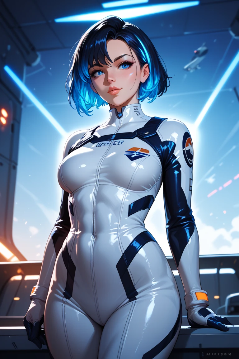 (masterpiece:1.2), (best quality:1.2), (ultra highres:1.2) ,(8k resolution:1.2),(sweet smile: 1.2),
sci-fi,girls frontline,near future,Space travelling,
1 woman,blue hair,short hair, blue eyes,flat chest,
white color blue stripe futuristic suit, dress,mechanic punk outfit,Translucent Tech Bodysuit, Gloves,
<lora: Safed V2:0.35>, Safed, SafedOIutfit, <lora:koreanDollLikeness_v20:0.35>