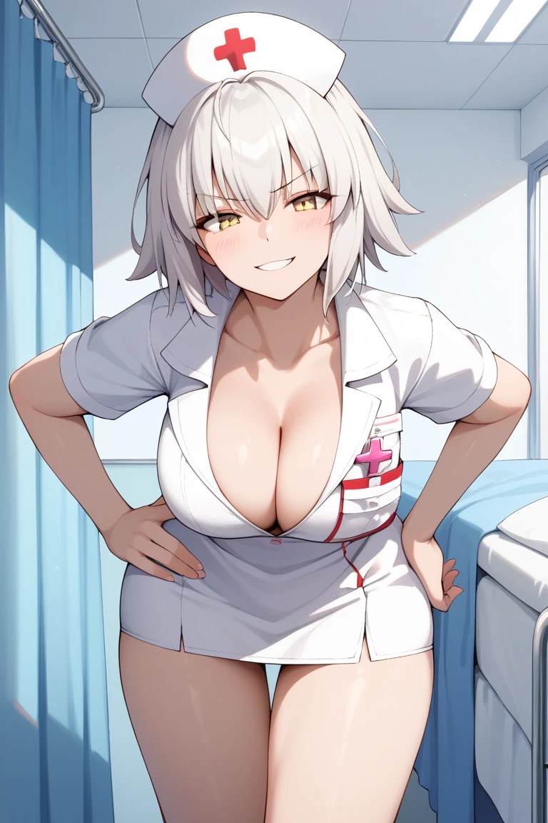 Dark-skinned nurse,with white hair and cat ears,showing the nipples of her big breasts,with a serious eye,showing her hairy pussy 