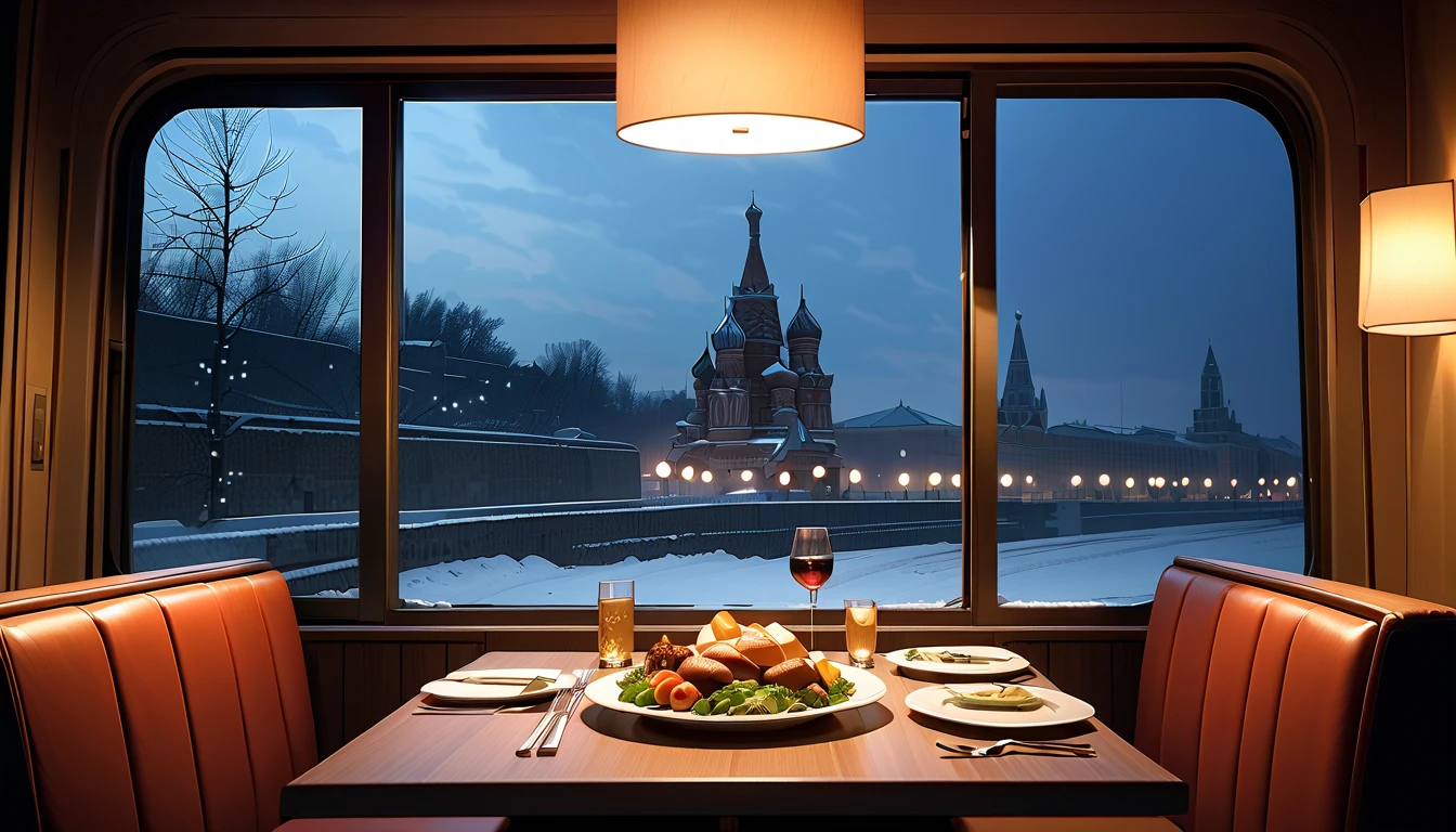 Square table 　 Russians are eating 　  Fine Dining　Is it snowing or piled up outside the window　Winter landscape　 big window　 night view　 Moscow　 indirect lighting　French cuisine in a dim interior　 Russians are sitting in the back seat 　 no one is sitting at the table in front