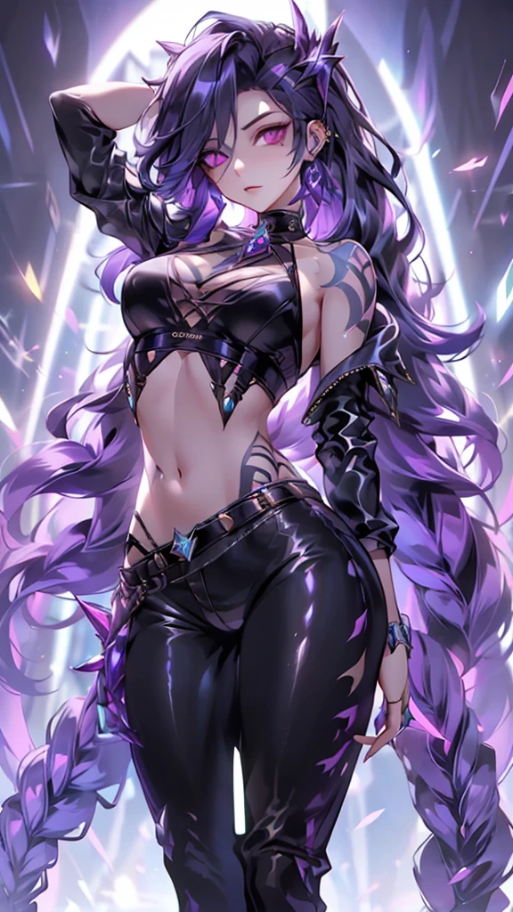 ((best quality)), ((masterpiece)), ((realistic)), (detailed), highly detailed skin, 1girl, K/DA all out Evelynn,All out alternate outfit,kpop,popstar  navel, midrift, stunning gradient colors, no watermark signature, detailed background, insanely detailed, , ((masterpiece)), HDR, spreading legs,slutty expression,bitch,pornstar, league of legends,topless,big breasts,moaning,lewd,legs spread wide, spreading legs wide,purple colour outfit,bikini,bra and panty,summer,camel toe