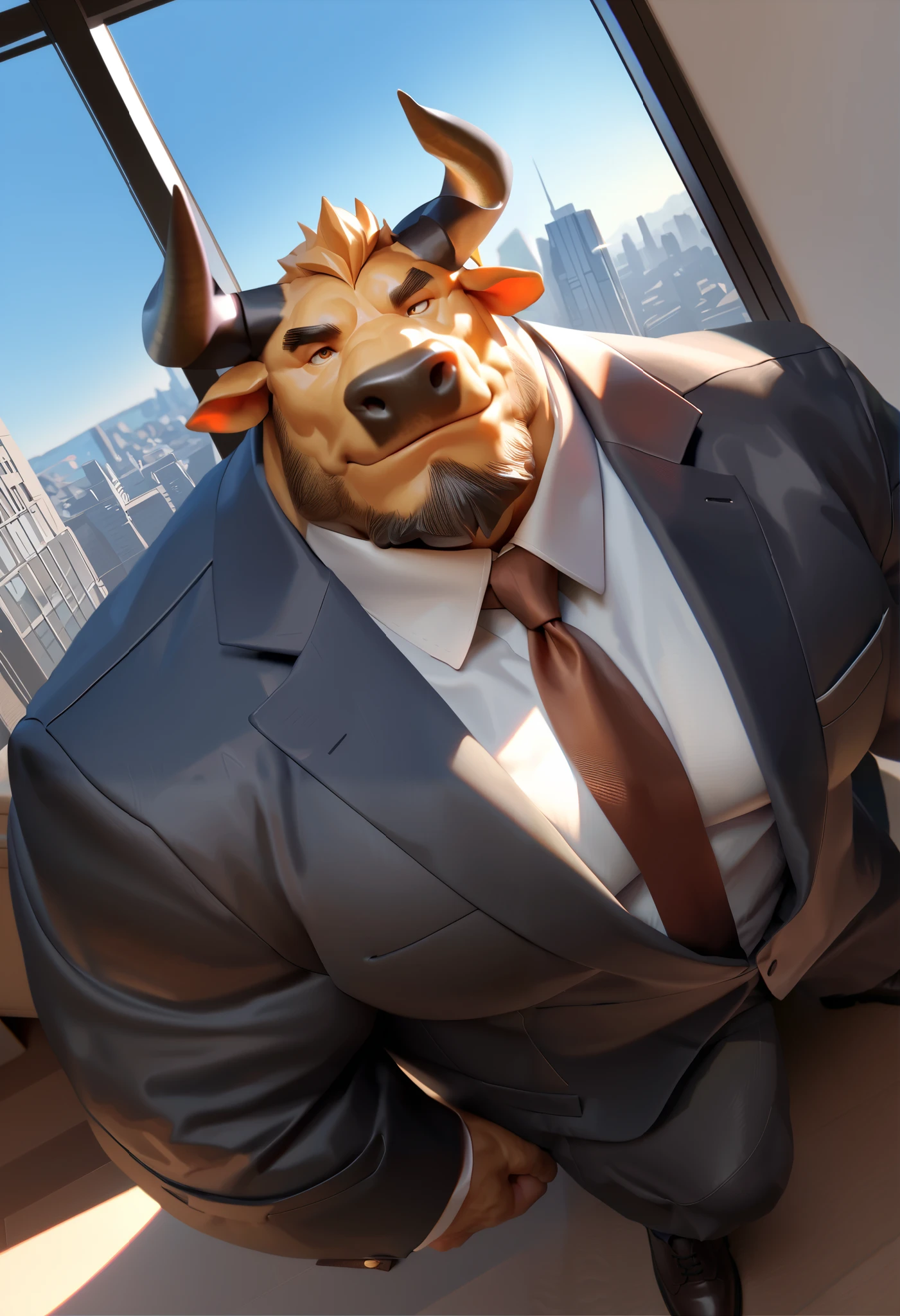 lindong, score_9, score_8, solo, 1boy, Muscular Old man, furry bull, wearing suits, luxury, office, wide shoulder, pectoral, thick arms, huge pectoral, wide pectoral, city background, short hair, happy, highly detailed, 8k, photorealistic, epic heroic fantasy, Masterpiece, Anatomically Correct, Best Quality, Textured Skin, Ray Tracing, Hyperrealism, Hyperdetailed, city, zPDXL3, (negative_v2 Color_Balance_Calibration:0.8)