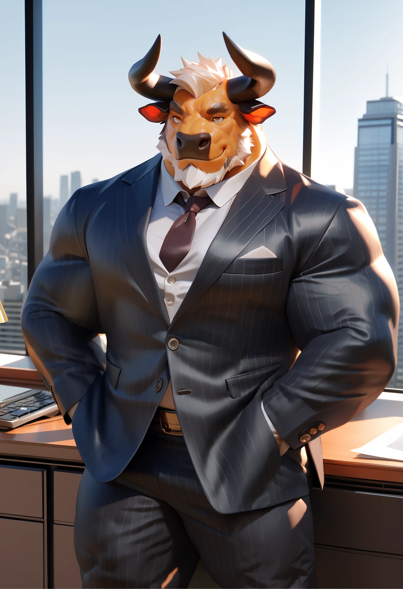 lindong, score_9, score_8, solo, 1boy, Muscular Old man, furry bull, wearing suits, luxury, office, wide shoulder, pectoral, thick arms, huge pectoral, wide pectoral, city background, short hair, happy, highly detailed, 8k, photorealistic, epic heroic fantasy, Masterpiece, Anatomically Correct, Best Quality, Textured Skin, Ray Tracing, Hyperrealism, Hyperdetailed, city, zPDXL3, (negative_v2 Color_Balance_Calibration:0.8)