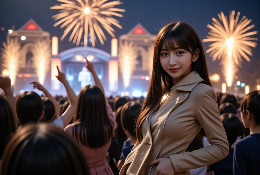 A vibrant and festive New Year  scene at night, featuring a crowd of people celebrating outdoors. The focus is on silhouetted figures with their hands raised in joy and excitement, facing a dazzling display of fireworks lighting up the night sky. The fireworks are colorful and dynamic, casting warm and golden hues over the crowd and creating a magical atmosphere. In the foreground, a girl is standing slightly apart from the crowd, but she is turning back toward the viewer, her face illuminated by the warm glow of the fireworks. She has a welcoming and cheerful expression, her arm extended toward the viewer as if inviting them to join the celebration. She is wearing a stylish winter coat and scarf, with her hair slightly tousled by the cool evening breeze. The background features a stage with blurred performers and warm lighting, adding to the energy of the celebration. The scene conveys excitement, warmth, and an inviting sense of joy as the New Year begins.