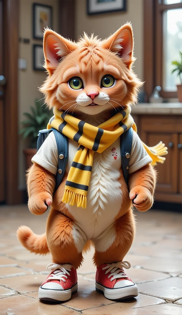 Whiskers: A fluffy orange tabby kitten with bright green eyes, a pink nose, and a mischievous smile, dressed in a navy-blue backpack, red sneakers, and a yellow-striped scarf that flutters as he moves. 3D render