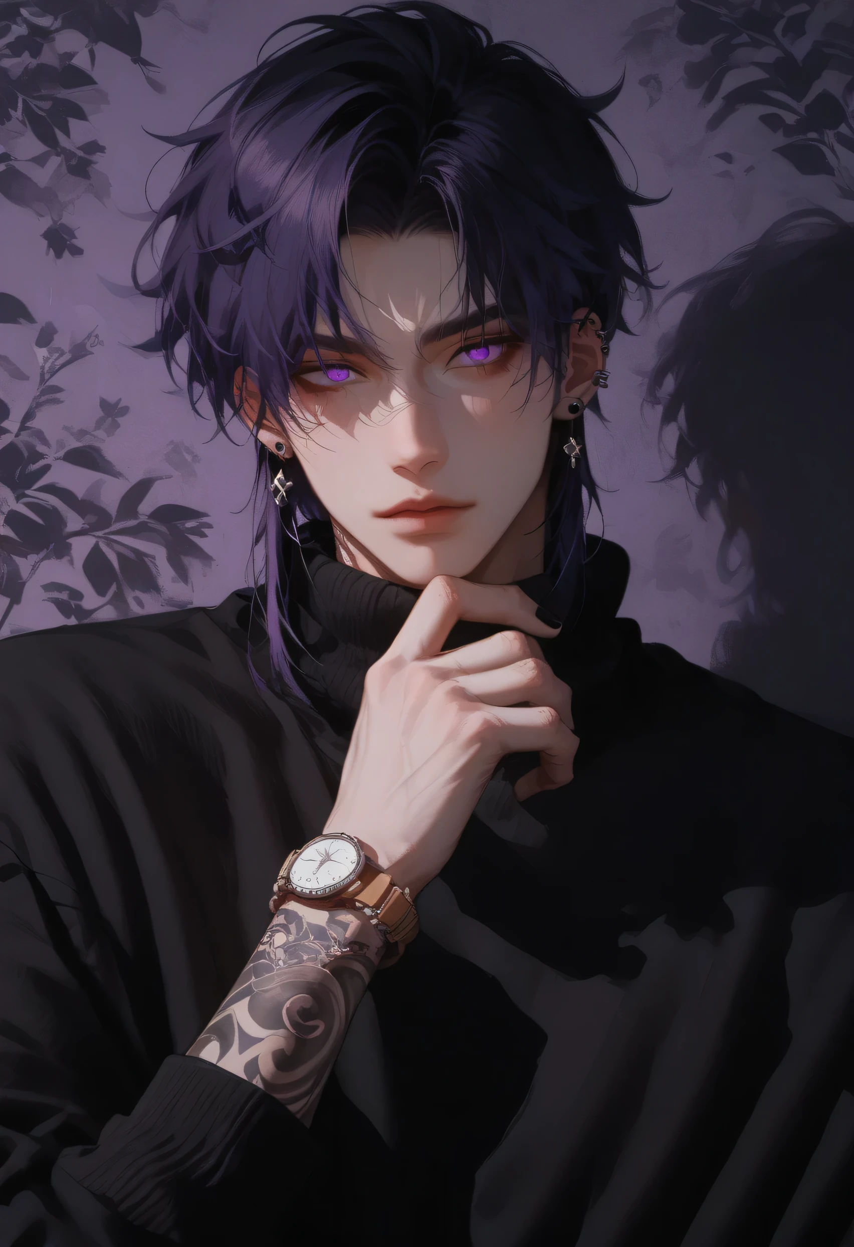(score_9, score_8_up), score_7_up, adult male , Black High Collar Sweater , Messy Black Hair , 1 Boy, Purple Eyes, Dark Purple Hair Highlight, male focus, Black Earrings , focus, anime style , Black nail polish , Handsome, shadow background , Hazy Atmosphere , Tattoo, Thick Tu Style , watch, Korean Style , Korean Comic Style , Natural Curl , 96YOTTEA Style