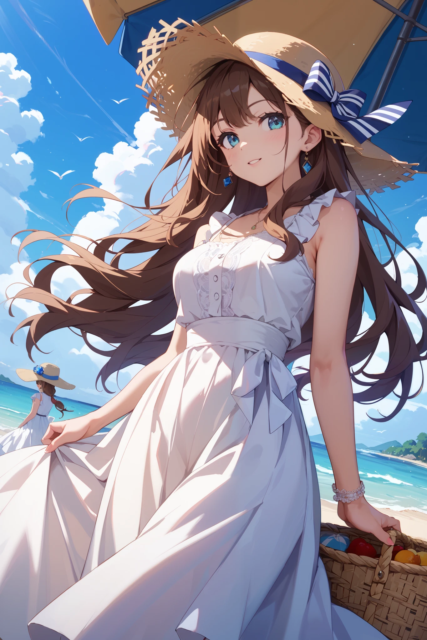  White Dress 、 sleeveless、 long skirt、 Japanese women、 STRAIGHT LONG HAIR、 brown hair、Ｄcup、Panama Hat、 sandy beach、blue sky、 White lace panties、The wind blows,up her skirt and her underwear is visible