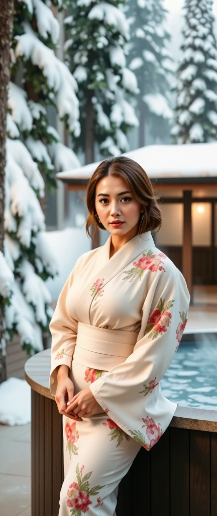 An award-winning 70s-style analog photograph of a beautiful Japanese woman standing gracefully near the edge of a steaming onsen during a tranquil Japanese winter. She wears an elegant yukata with intricate patterns of cherry blossoms, cranes, and waves in soft pink, deep red, and gold. Snowflakes gently fall around her, clinging to her flowing hair and the fabric of her yukata, while her serene expression reflects quiet contemplation.

The background features a traditional snow-covered onsen, surrounded by smooth stones and tall, snow-dusted pine trees. Rising mist from the steaming water contrasts with the cold, crisp air, as soft god rays filter through the branches, casting a warm golden light on the scene. The composition highlights her elegant form, the intricate details of her yukata, and the serene, ethereal beauty of a snowy Japanese winter onsen. The image has a distinct grainy 70s analog texture, lending a nostalgic and timeless quality.