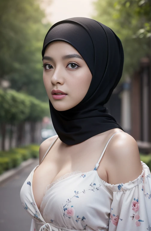 , Pornlose-up of the painting style,Ultra HD 8K,Masterpiece grade CG wallpaper),Cinematic lighting,cute girly,Delicate and beautiful face,Dreamy pupils,Wearing a small short , round waist,javanese hijabi,Bust poem,Sit,Cloudy background,the trees,florals, magical