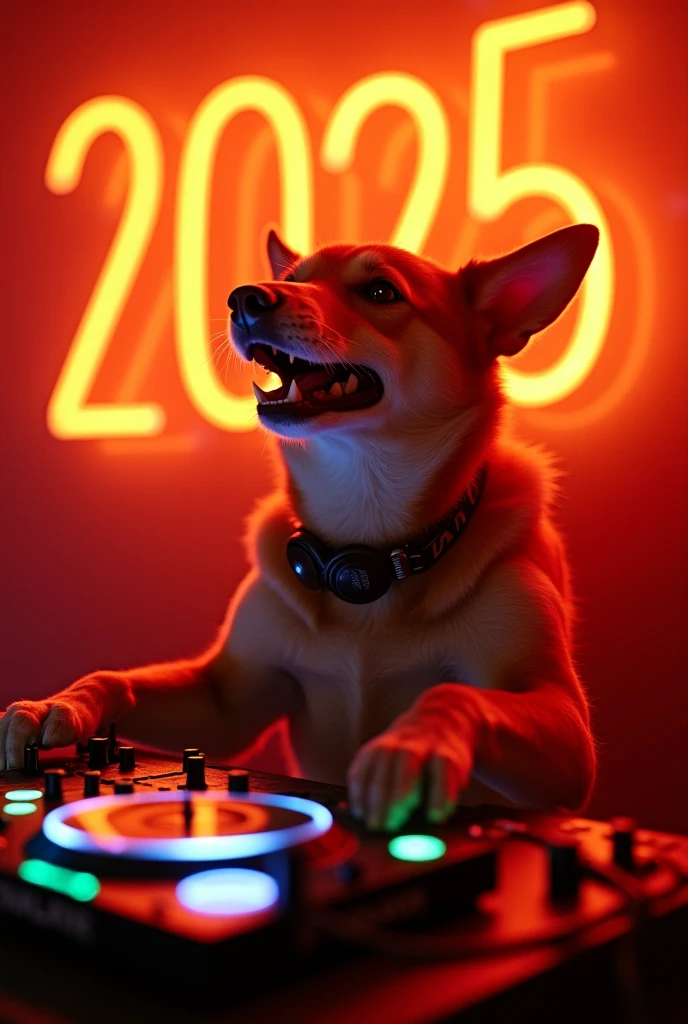 human-dog as a DJ, on a 2025 new year party. mixed human-animals rave party, dancing, drinking, messy, hot, epic, colossal, cinematic, photorealistic. there must be "2025" written in neon lamp. orange light.