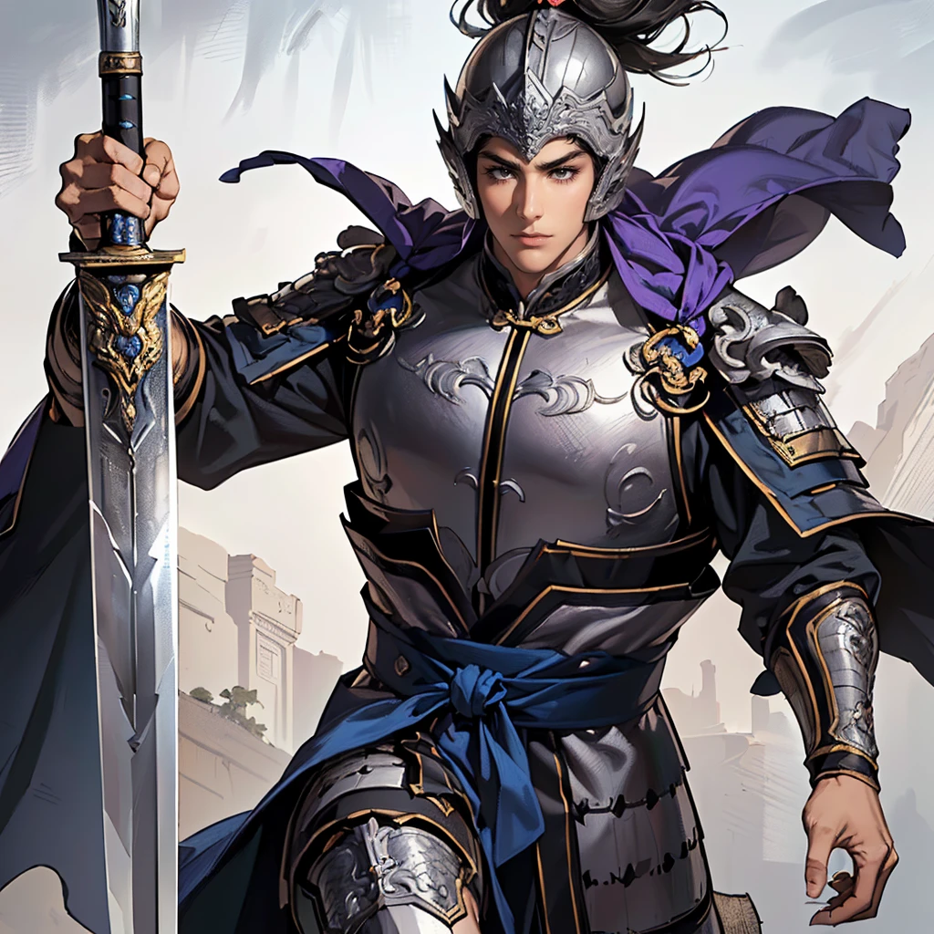 ( top quality ,4K,8k, high res,masterpiece:1.2),super detailed,(super fine illustration),((( A man in armor with a sword drawn in an anime-style illustration ))),20 years old,(handsome man:1.3, neutral face ),Heroes of the Three Kingdoms,Expression full of supremacy ,((Long black hair and droopy bangs :1.3)), detailed eyes :1.2, perfect eyes,(( Attractive Dark Eyes )),( well-trained body, thin macho),cinematic lighting, soft shadows,((Silver armor with designs leading up to detailed works of art :1.3, Deeply wearing an ancient Chinese silver helmet drawn in detail:1.3,1 purple cloak drawn in detail:1.3,dynamic pause:1.3, holding an ancient Chinese sword drawn in detail :1.3)),(( cowboy shot:1.2)),(( white background:1.3,simple background:1.2)),(( :1.3, depicted so as not to be visible from the tip of her head to above her knee :1.3))