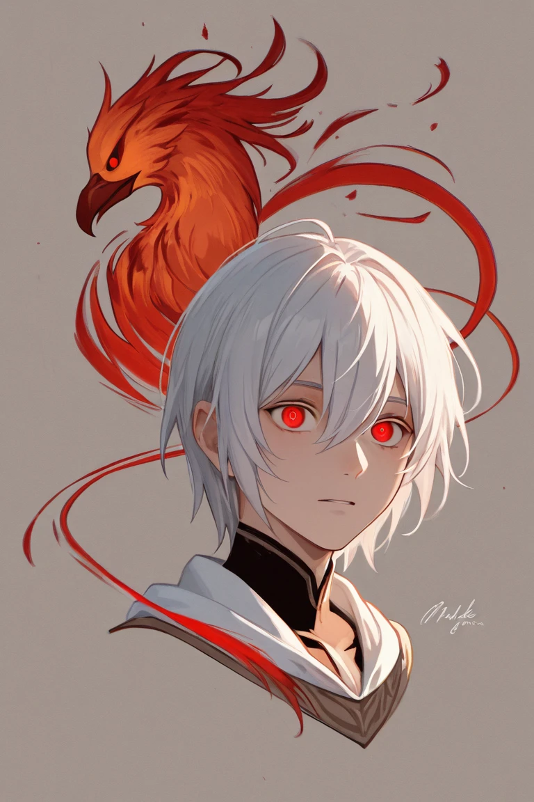 Make a young human male hybrid with the powers of a demon and the white-haired, red-eyed Phoenix 